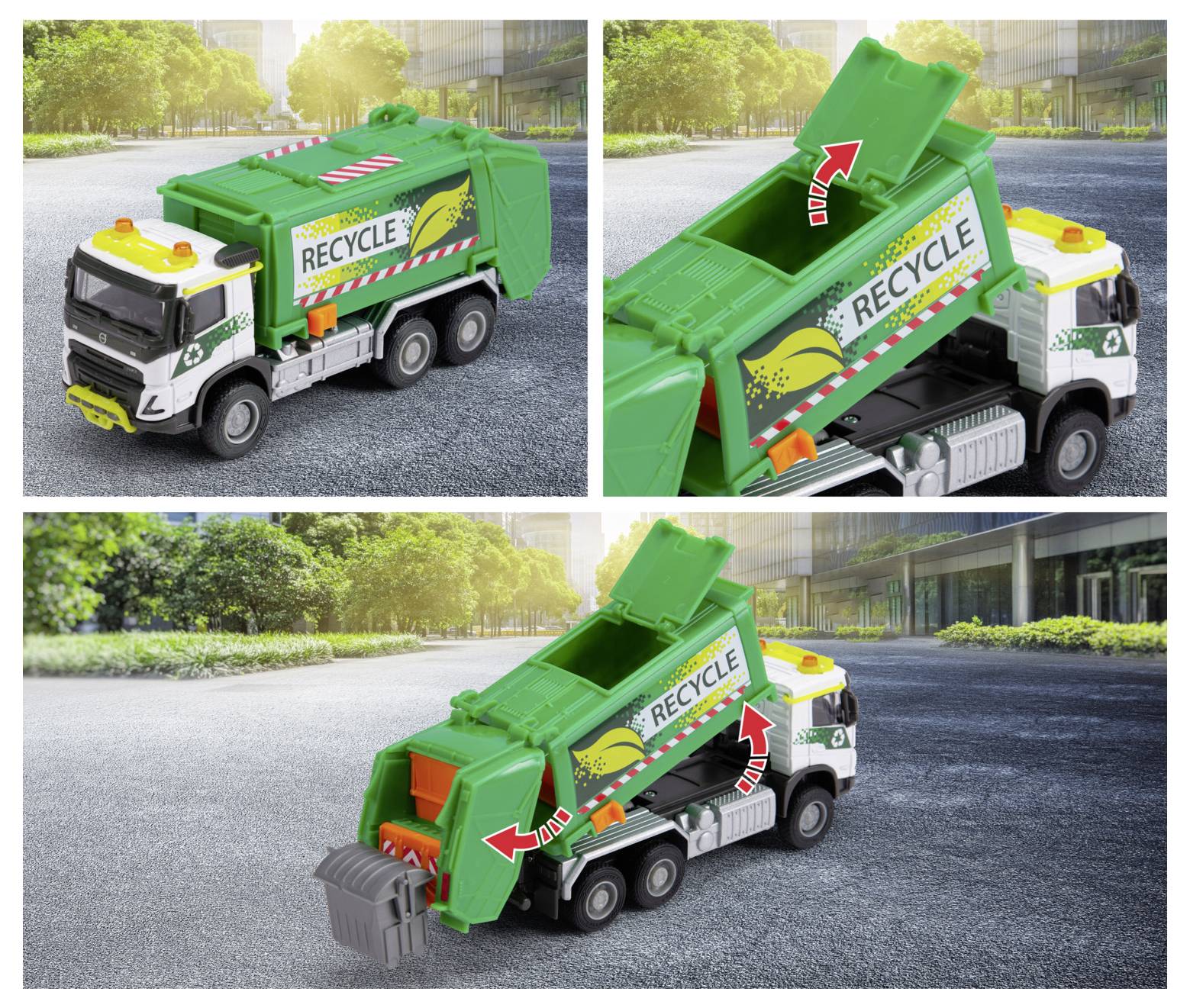 Zelený hračkářský recyklační náklaďák s textem 'RECYCLE', který má zdvižný kontejner a zadní háček. Šipky znázorňují pohyb pro nakládání odpadu.