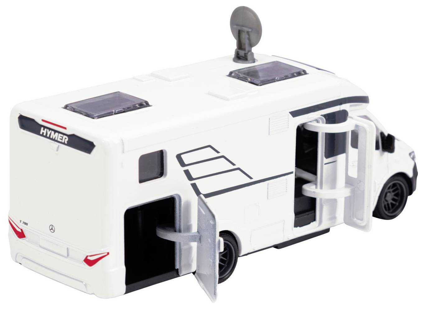 Bílý model obytného vozu Hymer s otevíratelnými bočními a zadními dveřmi, solárními panely na střeše a anténou.