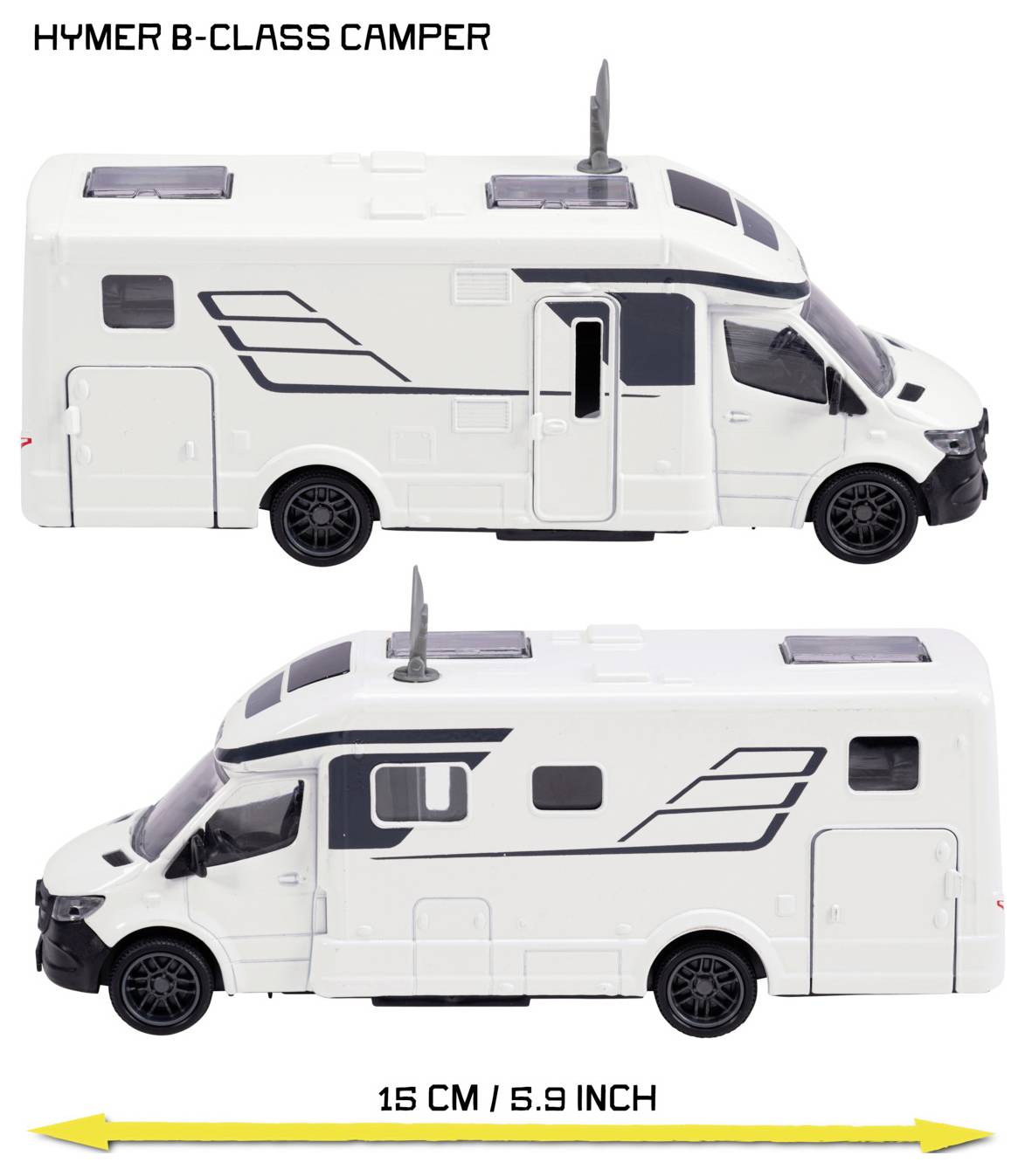 Dva pohledy na obytný vůz Hymer B-Class modelu měřícího 15 cm (5,9 palce) délky, zobrazující boční a zadní detaily.