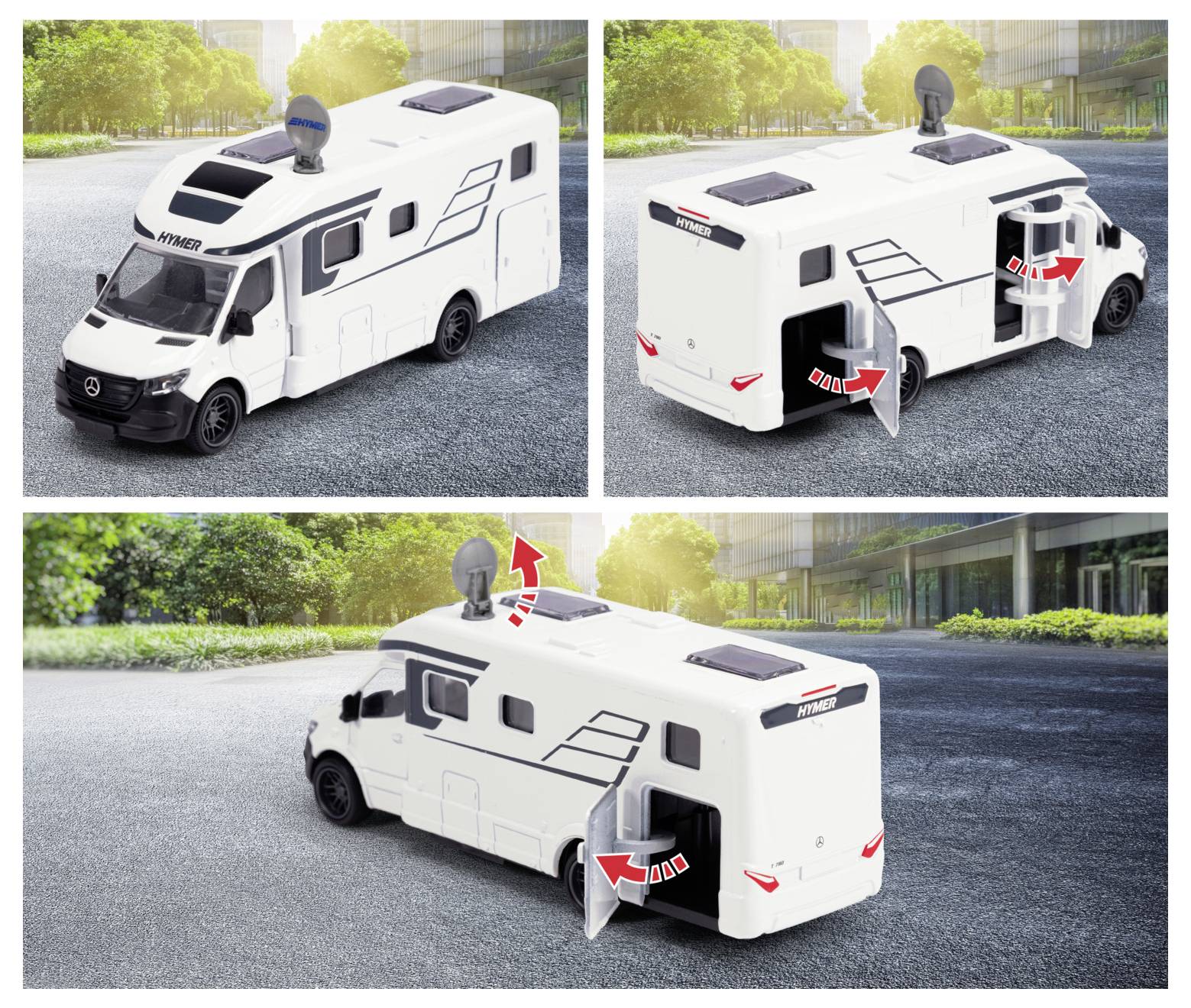 Model karavanu s textem 'HYMER', zvýrazněné funkce zahrnují výsuvné dveře a satelitní anténu na střeše, umístěný v venkovním prostředí.