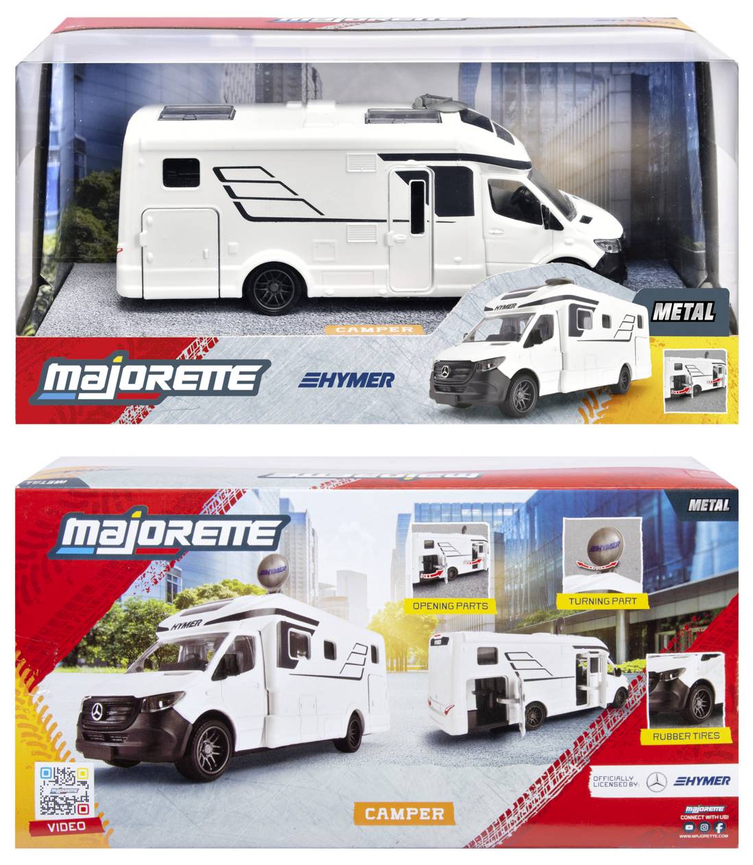 Obal hračky 'Majorette Hymer Camper' zobrazující bílý model obytného vozu s funkcemi jako otevíratelné části a otočné prvky, umístěný před městským pozadím.