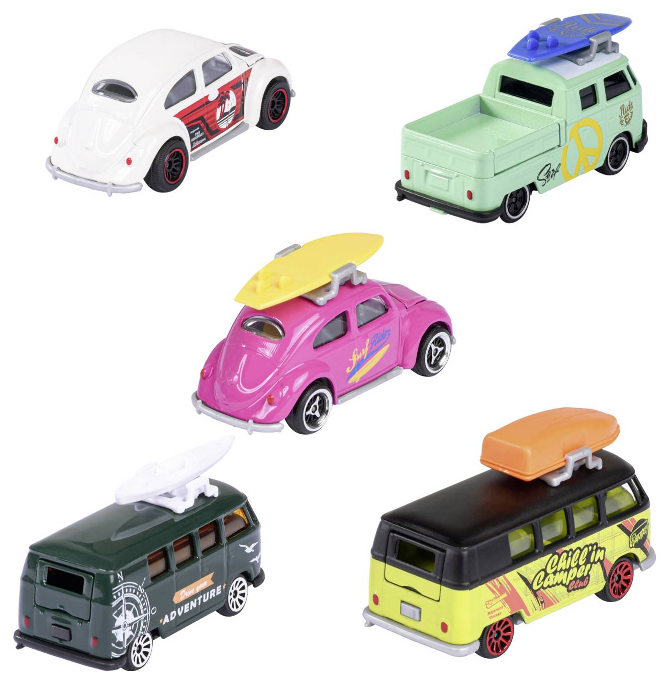 Pět hraček aut v různých barvách, každé s deskou na surfování nahoře. Designové modely zahrnují retro a moderní styly s výraznými dekály.