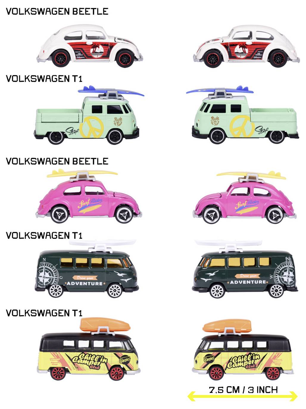 Autíčka ve svislém rozložení: modely Volkswagen Beetle a T1 v různých barvách a provedeních, s označením velikosti: 7,5 cm / 3 palce.