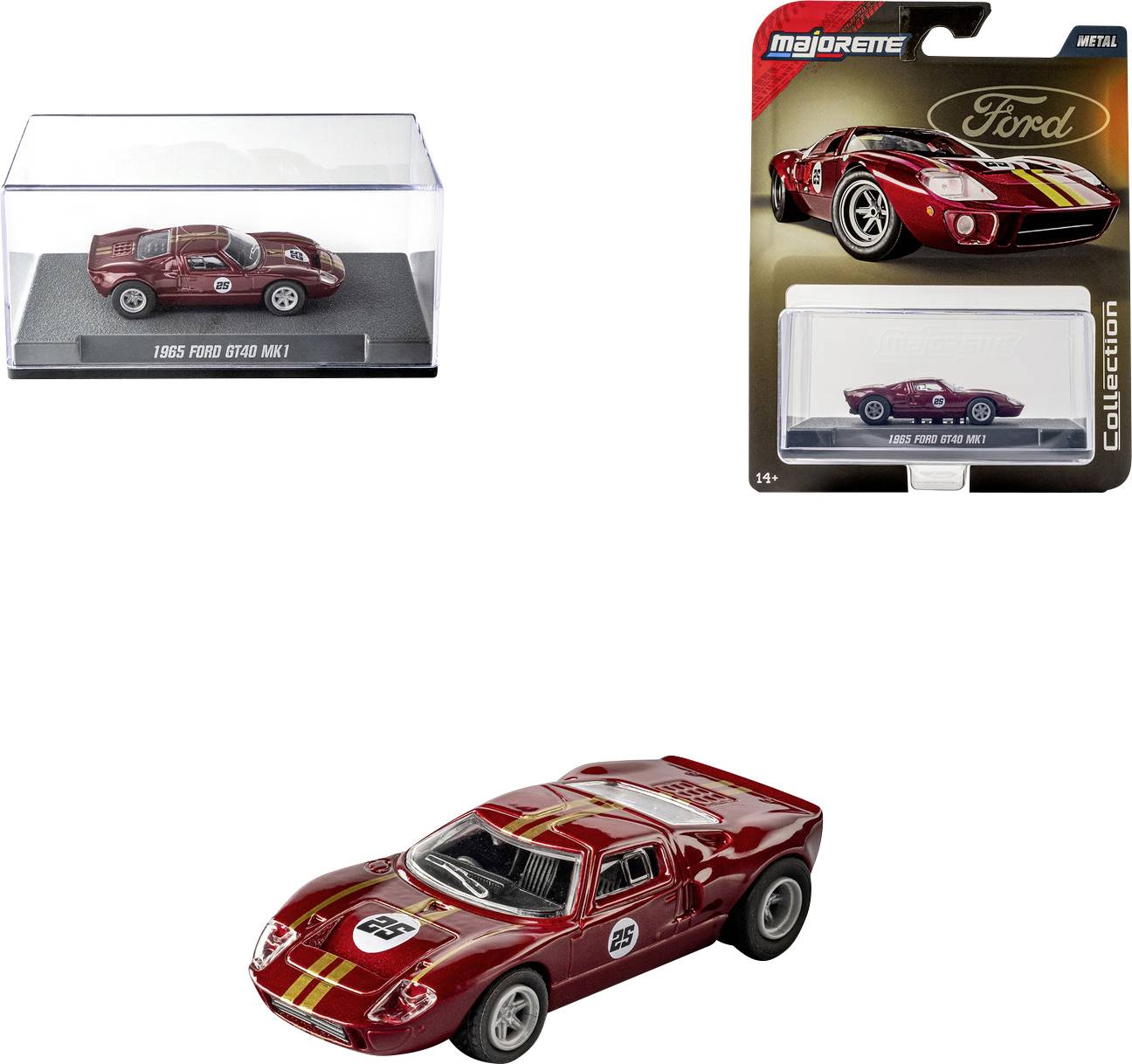 Model červeného odlévaného autíčka s označením '1965 Ford GT40 Mk I' vystavený v původním obalu a umístěný venku, vybavený závodními samolepkami.