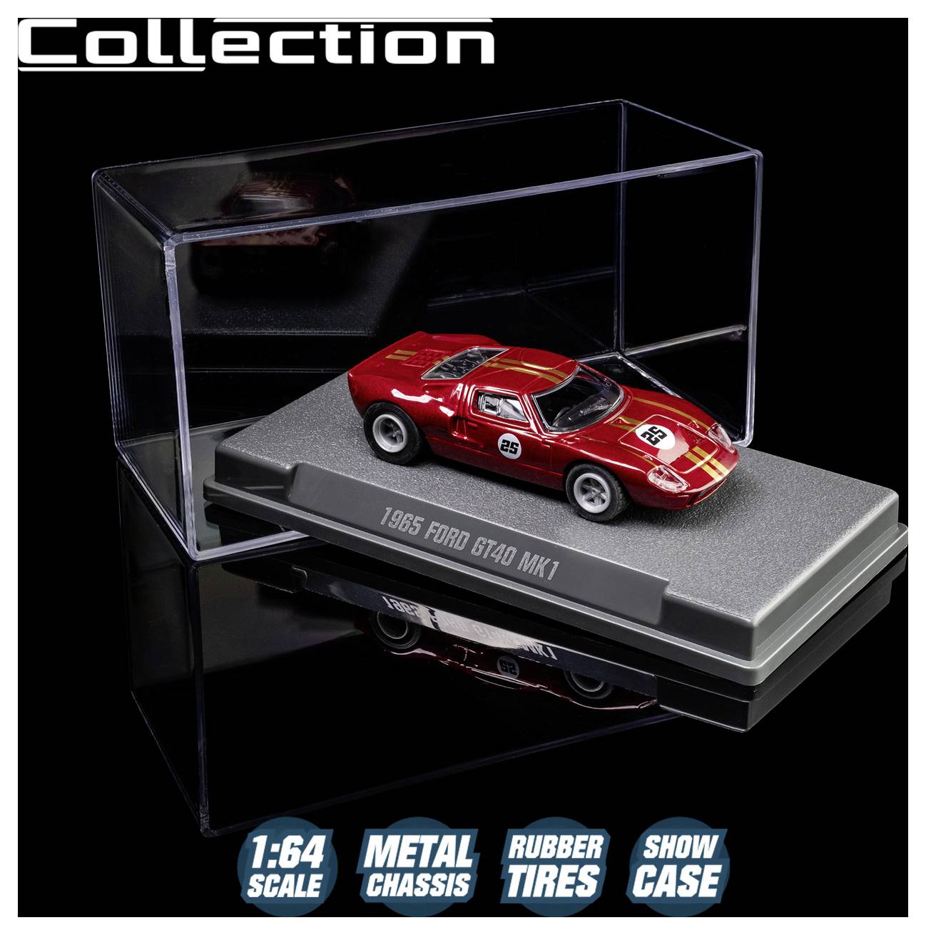 Model auta Ford GT40 MK1 z roku 1965 v miniaturní vitríně; charakteristiky zahrnují kovovou podvozek, gumové pneumatiky a měřítko 1:64, určený pro sběratele.