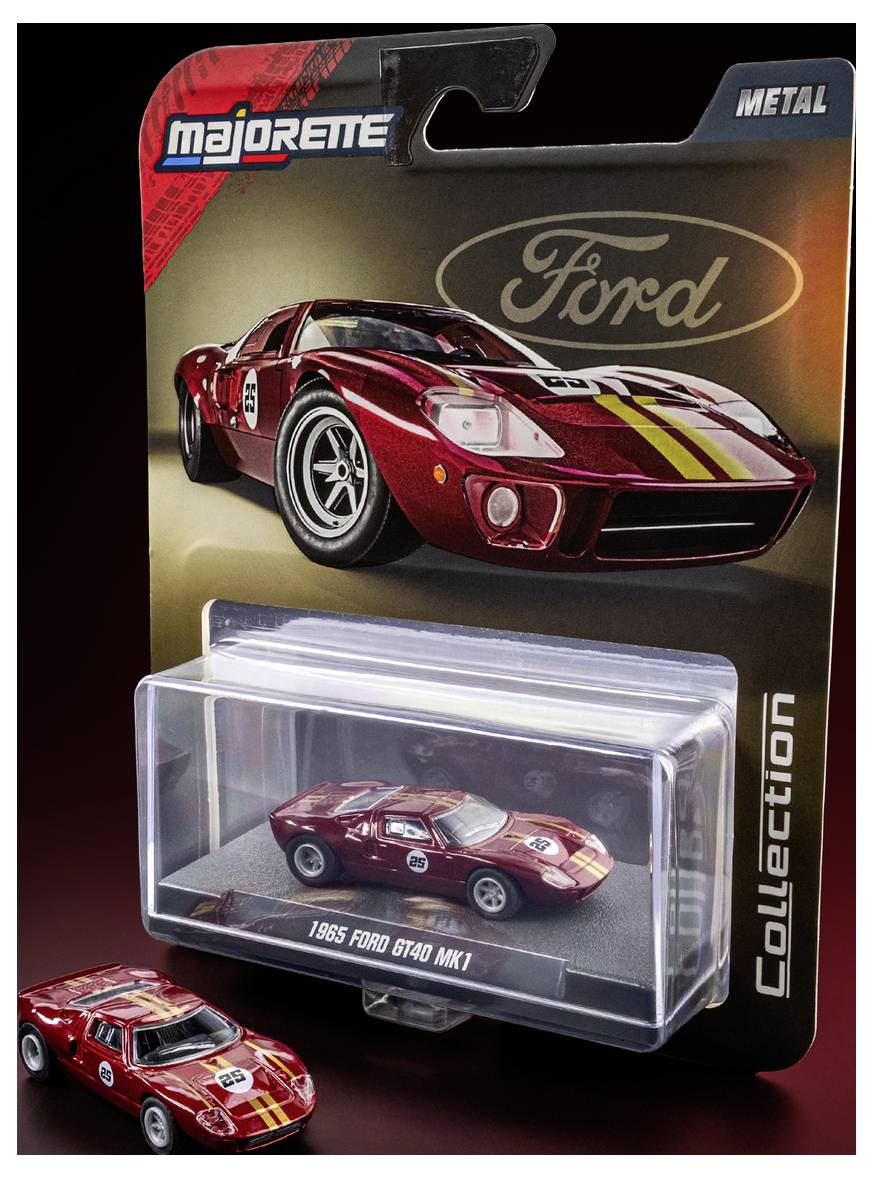 Červený sběratelský model auta z tlakově lité slitiny reprezentující Ford GT40 MK1 z roku 1965, umístěný v plastové vitríně s nálepkami z automobilových závodů, prezentovaný v originálním sběratelském obalu značky Majorette.