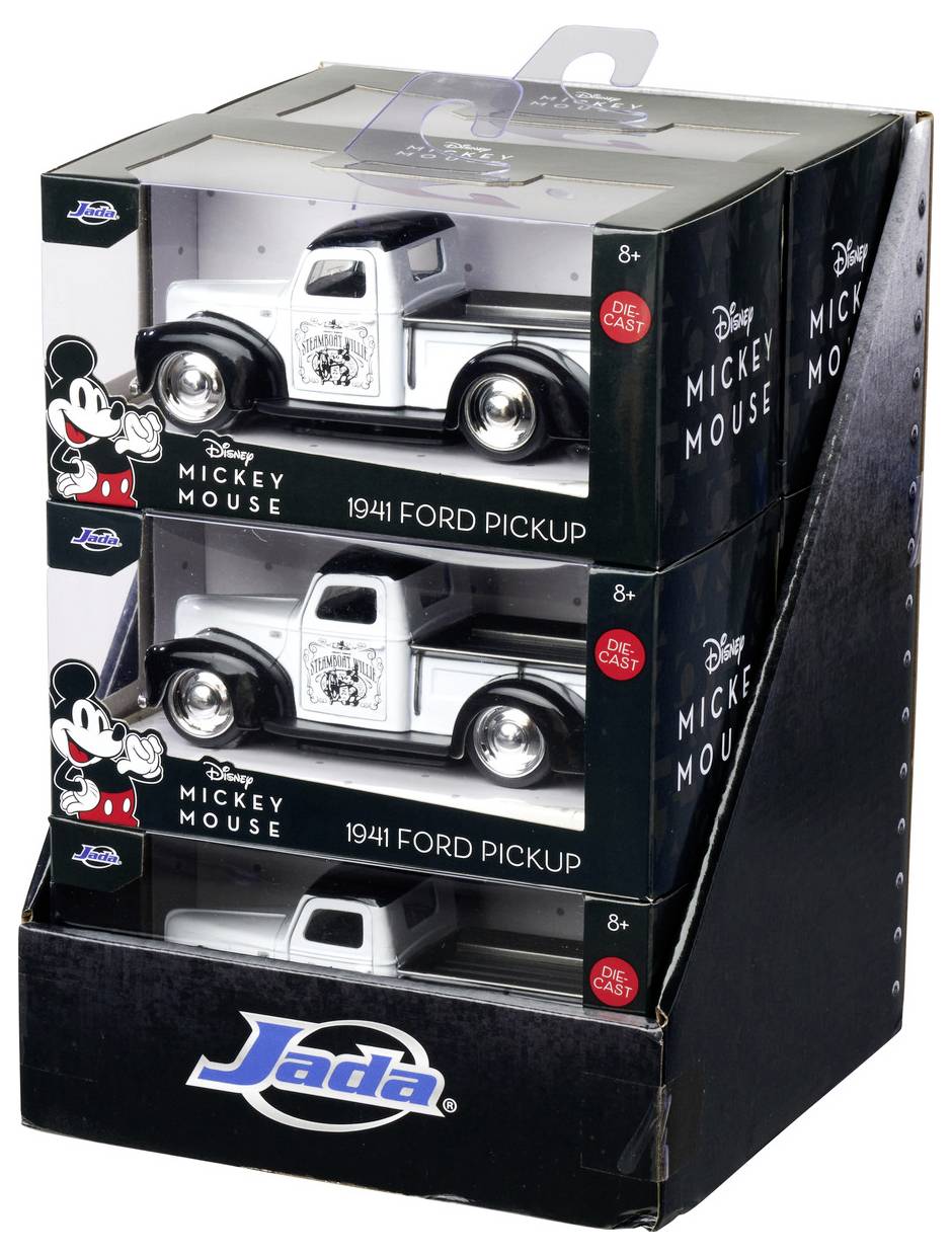 Sběratelská vitrínovka s třemi modely '1941 Ford Pickup', které mají na obalu značku Disney s Mickey Mousem a logo společnosti Jada.