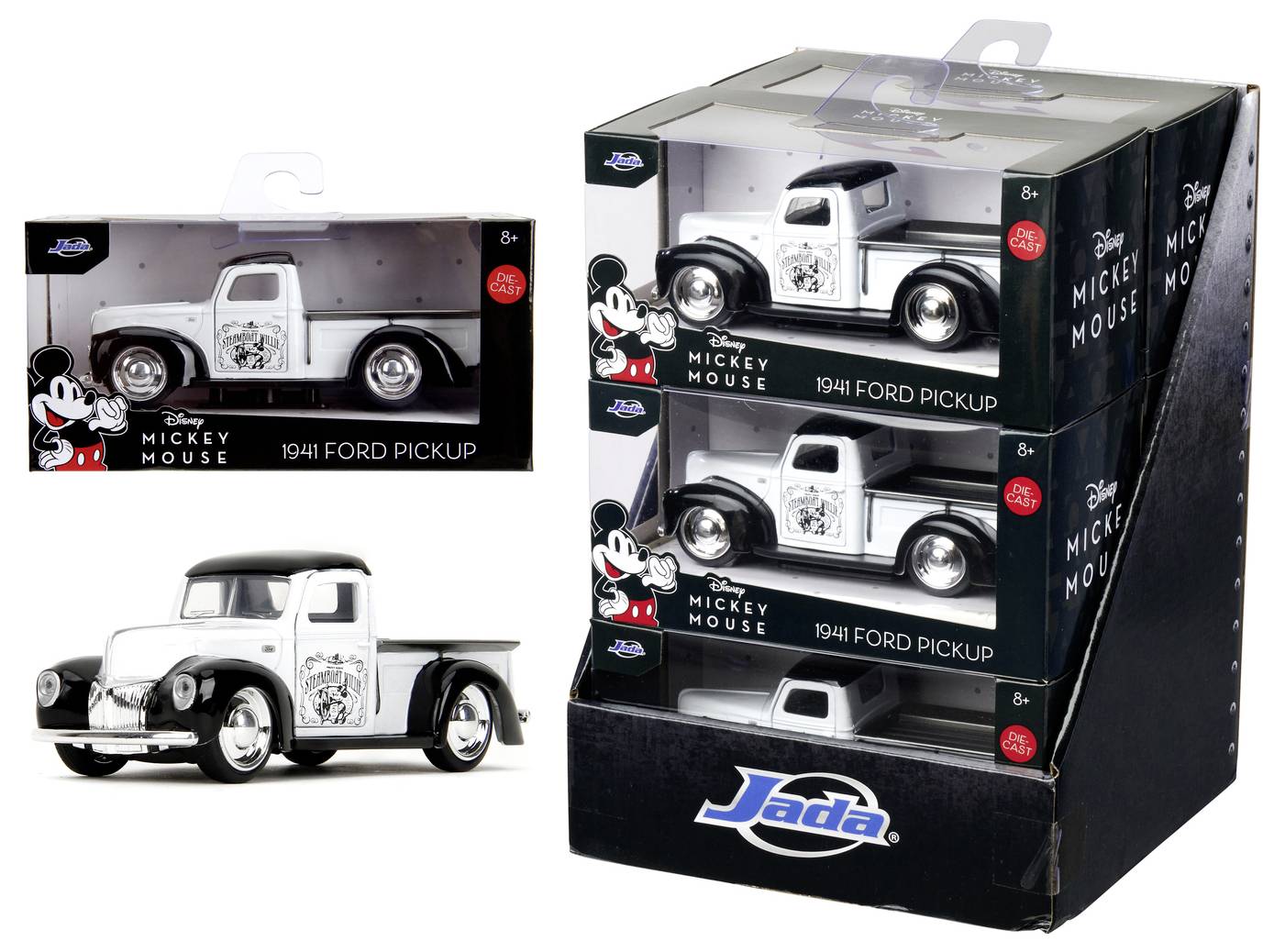 Hračka 'Disney Mickey Mouse 1941 Ford Pickup' vystavená v originálním balení. Zobrazuje náklaďák v černobílém designu s ilustrací Mickey Mouse.
