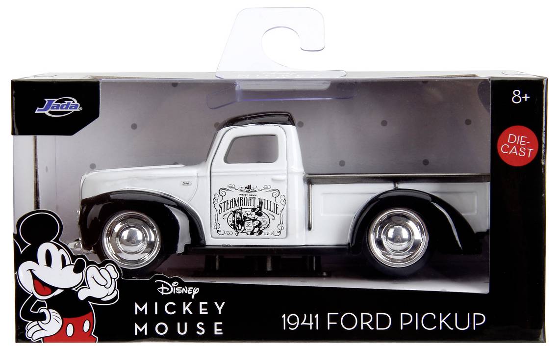 Model automobilu odlévaný z kovu, reprezentující Ford pickup z roku 1941, umístěný v prezentačním obalu s uměleckým zpracováním a brandingem Mickey Mouse, vhodný pro děti od 8 let věku.