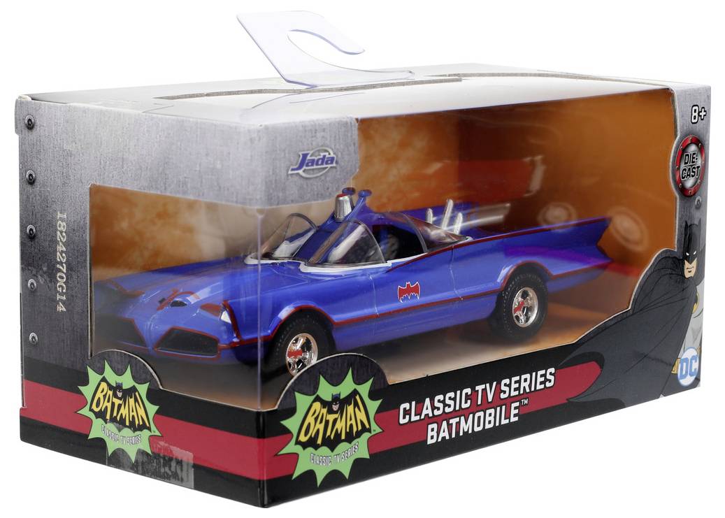 Modrý hračkářský model auta připomínající Batmobile z klasického televizního seriálu je vystaven v průhledné krabici s označením 'Batmobile'.