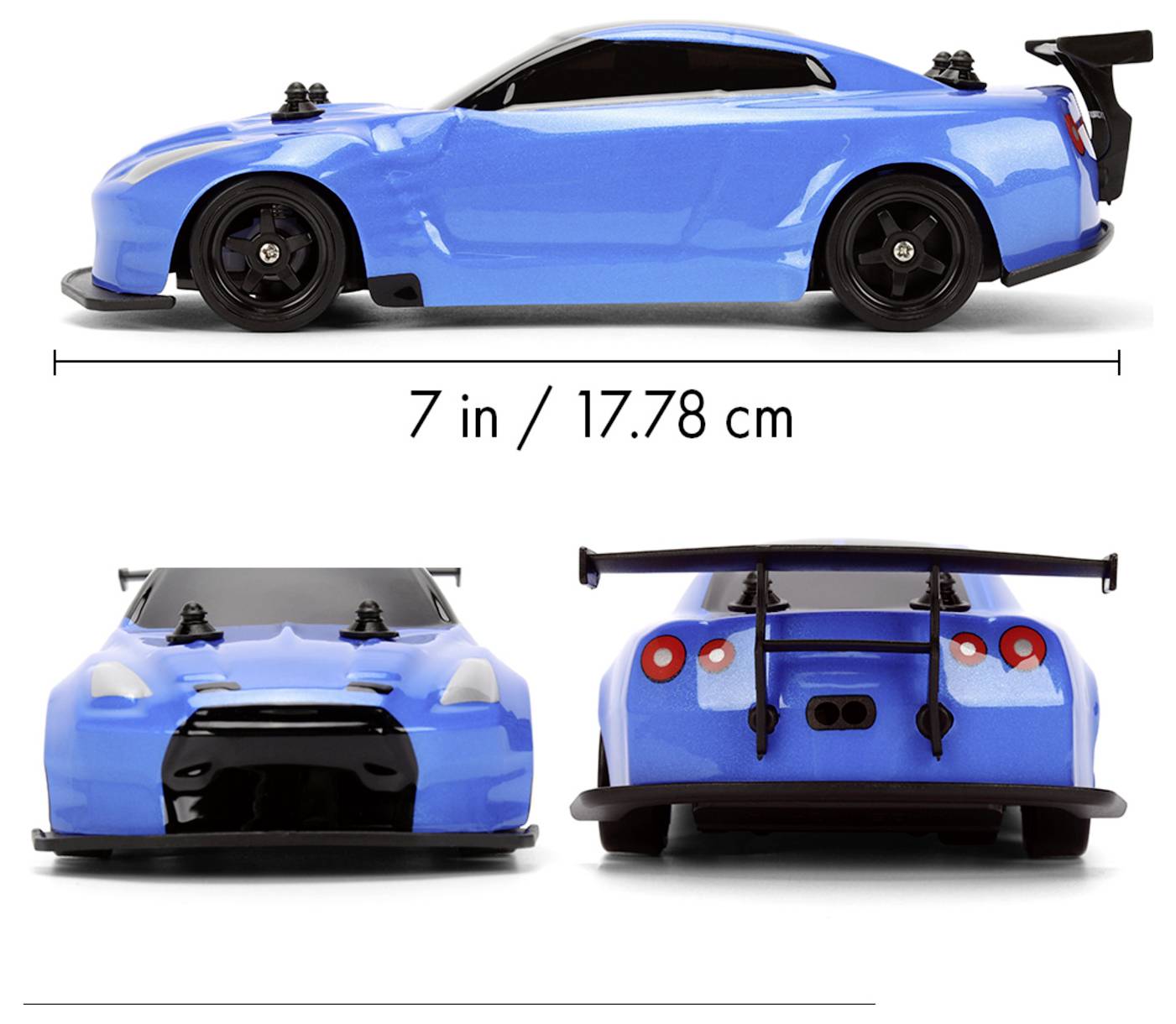 Miniaturní modrý model sportovního vozu zobrazený z boku, zepředu a zezadu. Text uvádí délku '7 palců / 17,78 cm'.