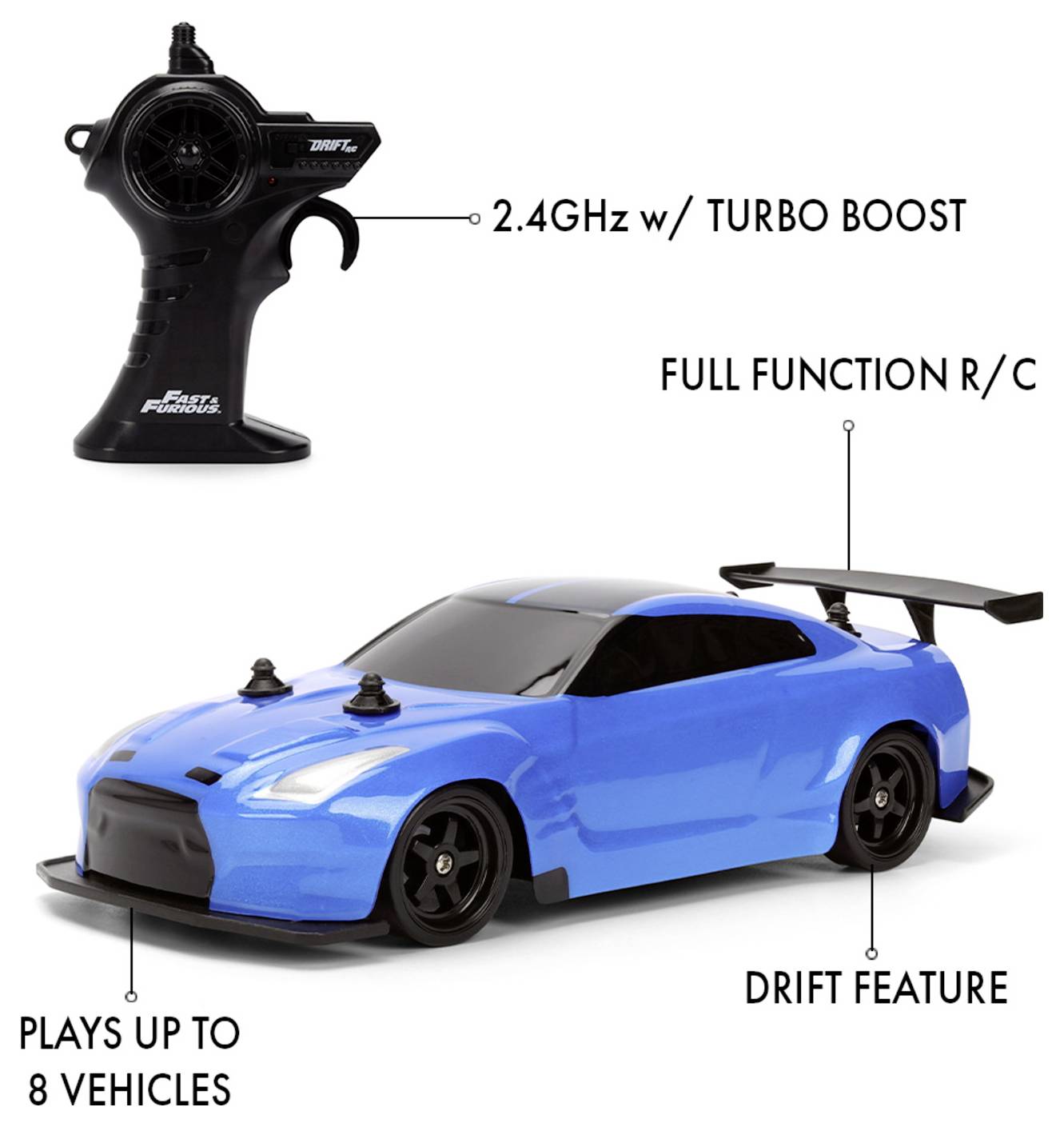 Modrý dálkově ovládaný model auta se spoilerem, plná funkčnost R/C, 2.4GHz s turbo boost funkcí. Schopnost driftování. Ovládání až 8 vozidel. Včetně dálkového ovladače.