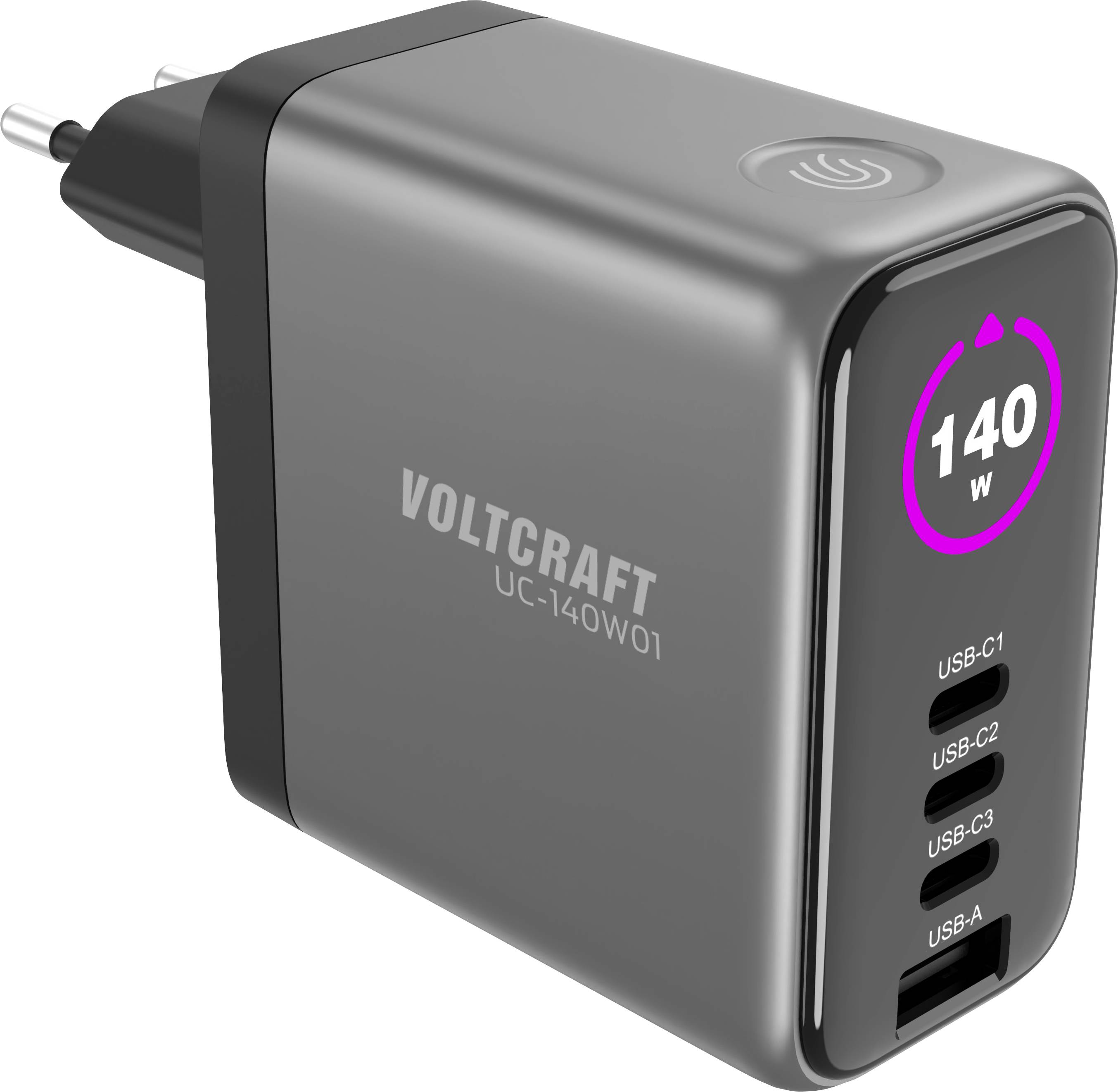 Šedá nabíječka Voltcraft 140W na zeď se čtyřmi USB porty a ikonou napájení na vrcholu, zobrazená v úhledném pohledu.