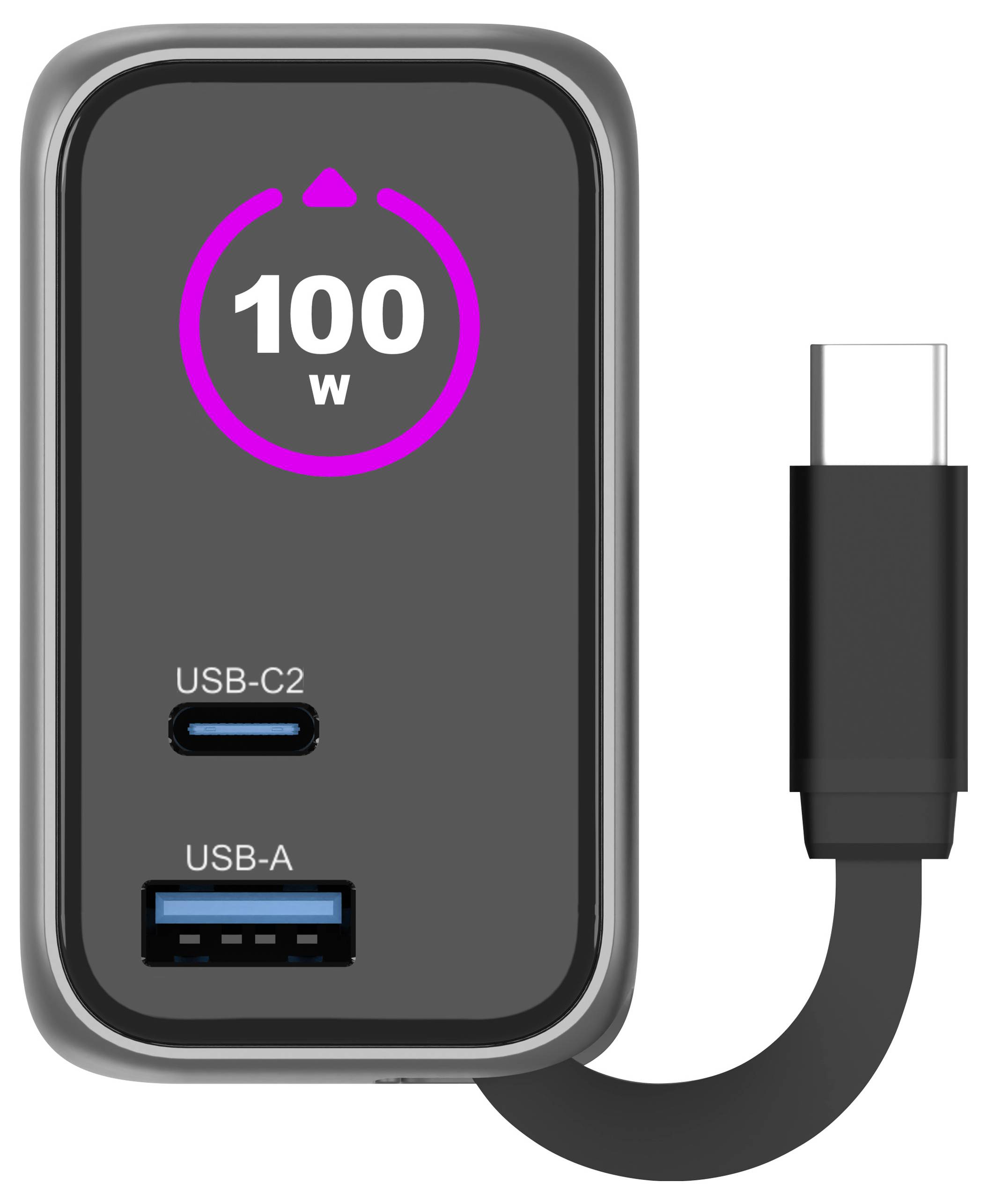 Černý napájecí adaptér s digitálním displejem zobrazujícím "100W" a dvěma porty označenými "USB-C2" a "USB-A". Připojen je kabel USB-C.