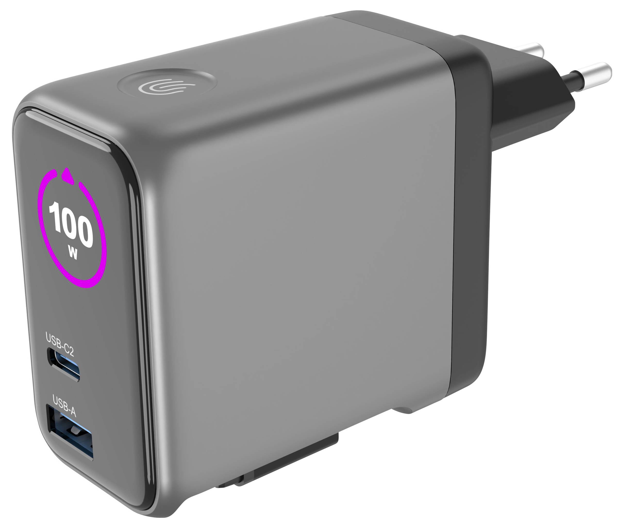 Černá nástěnná nabíječka se dvěma USB porty označenými „USB-C2" a „USB-A", s „100W" uvnitř fialového kruhu na straně.