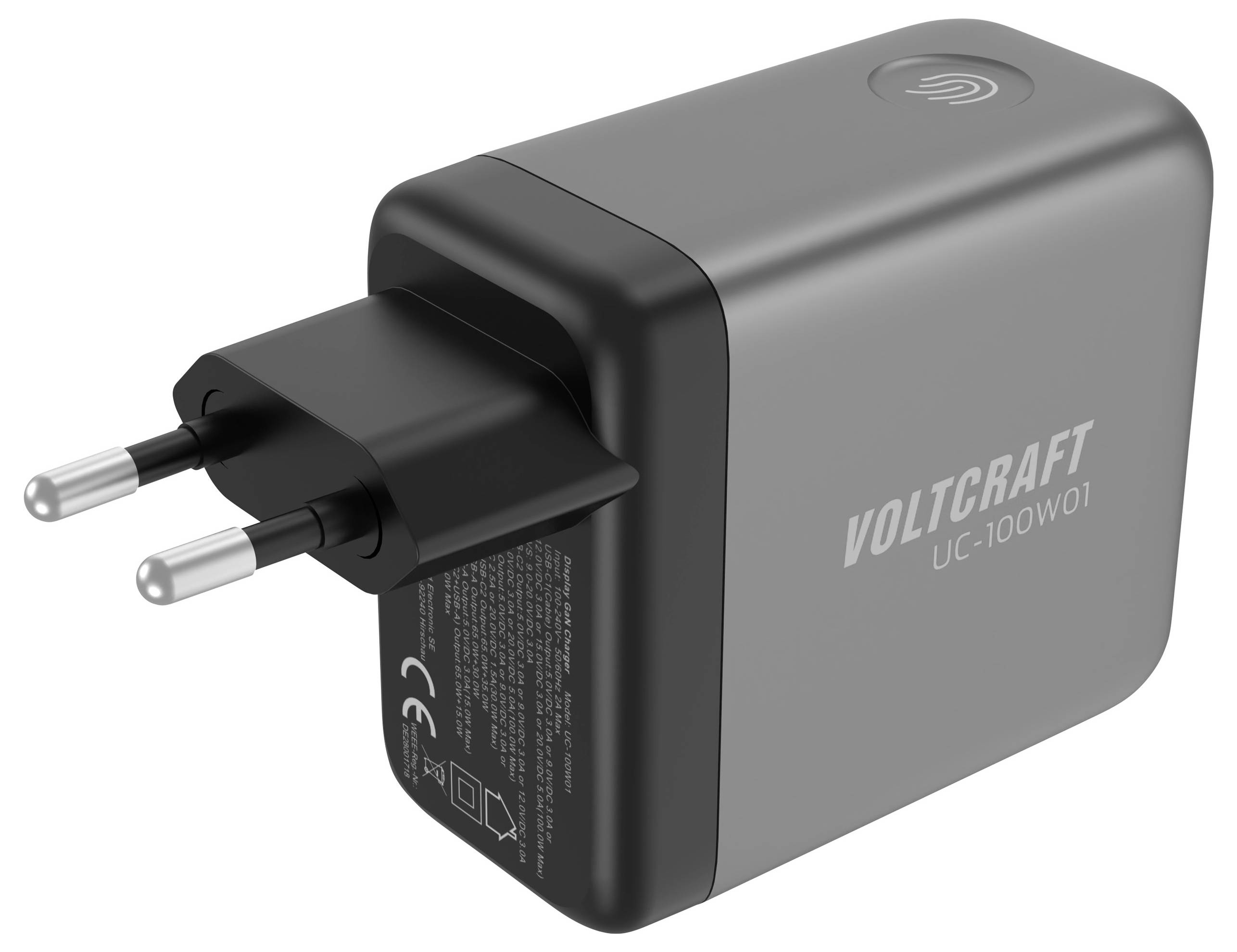 Šedá síťová nabíječka Voltcraft s USB a evropskou zástrčkou, označená jako 'VOLTCraft UC-100W01', která podporuje nabíjení s výkonem 100W.