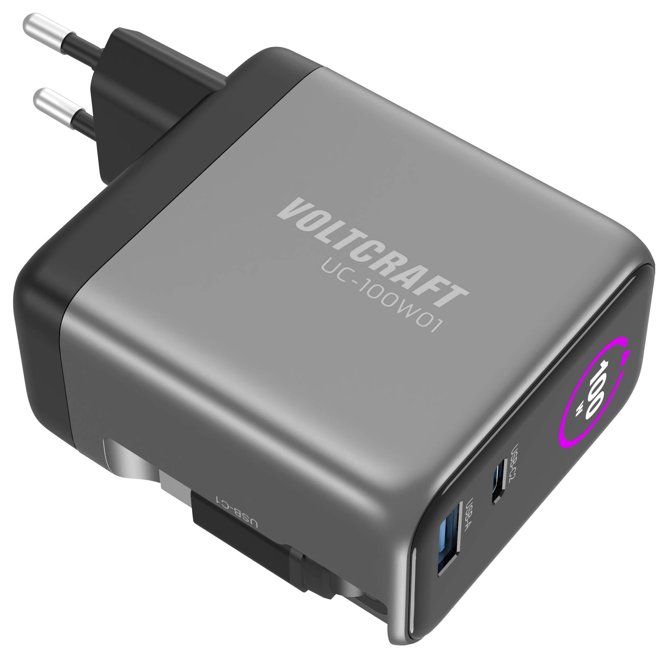 Šedá síťová nabíječka Voltcraft UC-100W01 se dvěma USB porty, vhodná pro rychlé nabíjení. Zástrčka je vhodná pro evropské zásuvky.