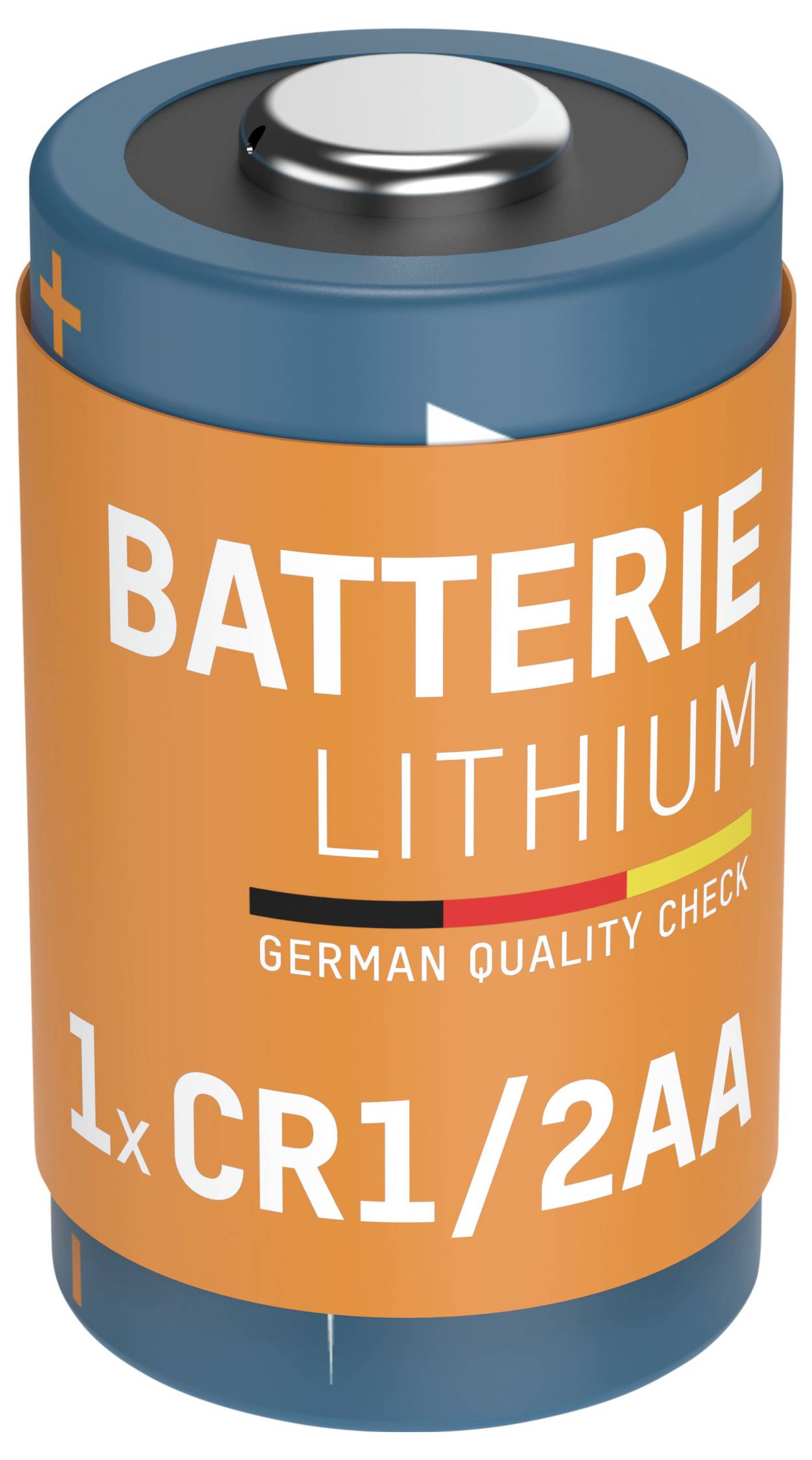 Válcový akumulátor s oranžovou etiketou má nápis "BATTERIE LITHIUM GERMAN QUALITY CHECK 1xCR1/2AA" a na horní straně je zobrazen plus znak.