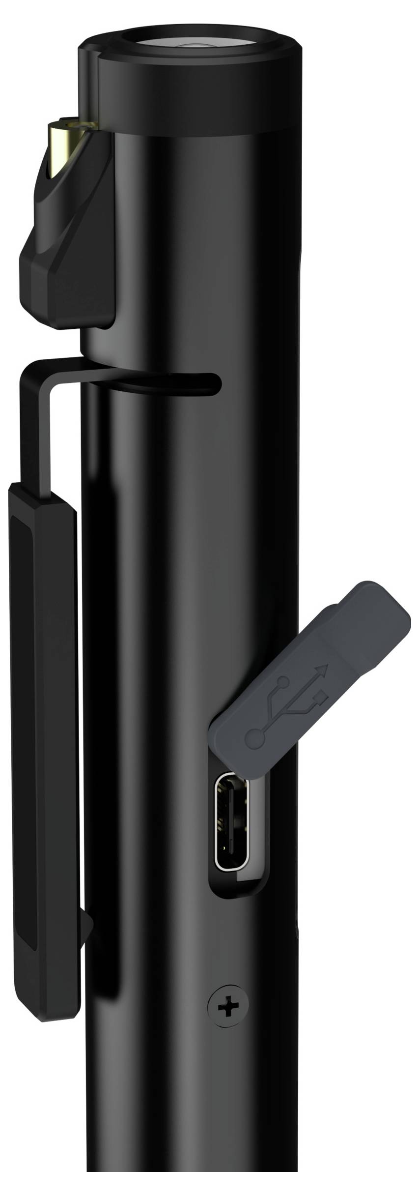 Černé stylusové pero s USB portem a sponou, které má zasunovatelnou špičku a boční tlačítko pro ovládání funkcí.