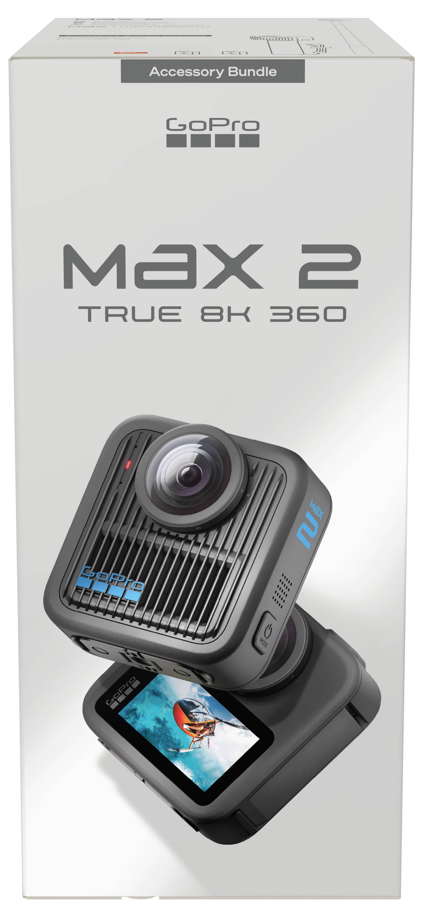 Balení fotoaparátu GoPro Max 2 True 8K 360 zvýrazňující sadu příslušenství. V popředí jsou zobrazeny dva úhly pohledu na fotoaparát, které ukazují objektiv a displej.