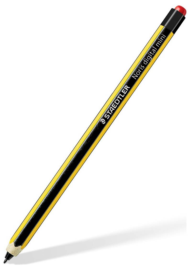 Digitální stylusové pero Staedtler Noris mini s žlutým tělem, černými pruhy a červeným koncem.