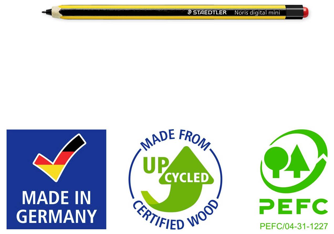 Černožlutá digitální mini tužka Staedtler Noris nad logy: „Vyrobeno v Německu", „Vyrobeno z recyklovaného certifikovaného dřeva" a „PEFC".