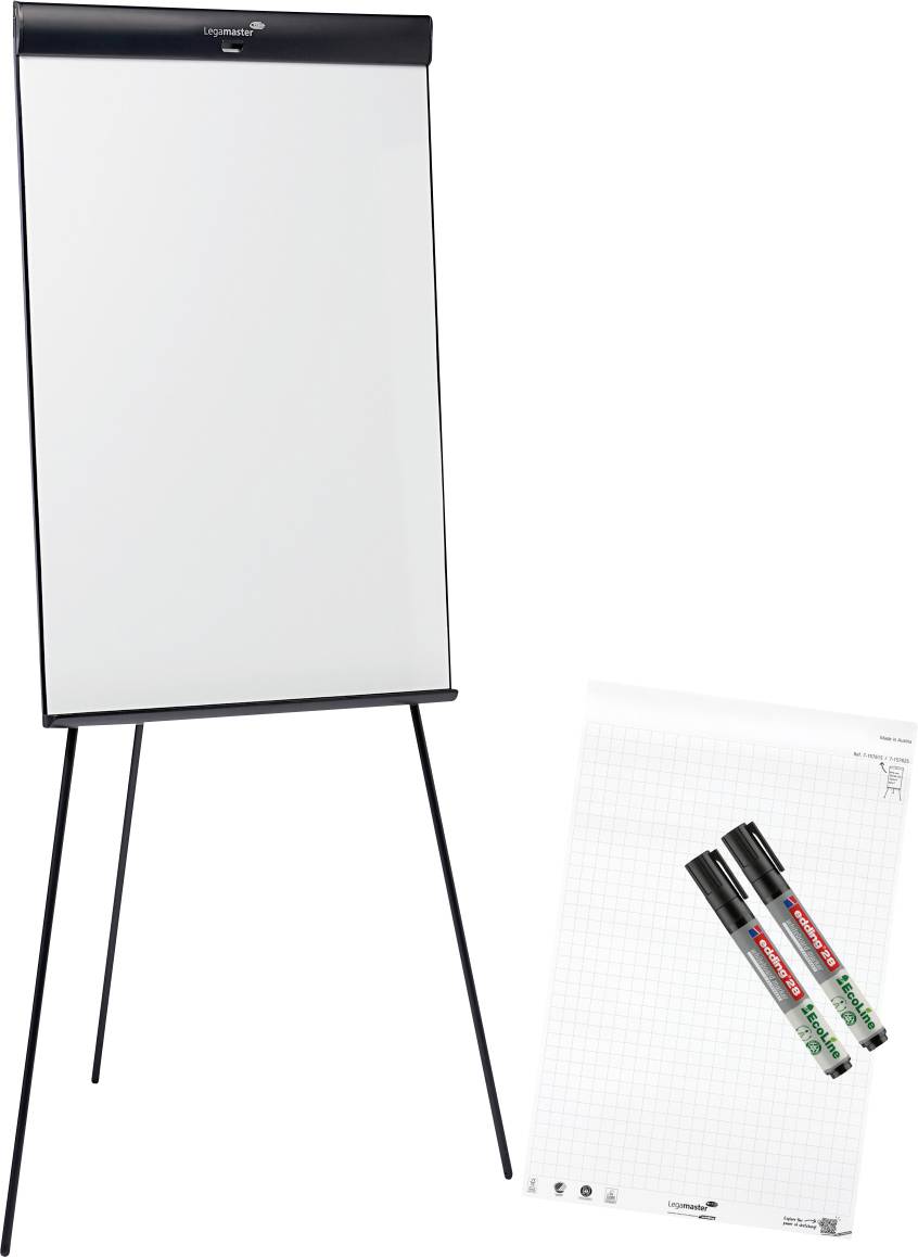 Stojan na flipchart s prázdným listem a dvěma fix­kami položenými diagonálně přes mřížkovaný flipchartový papír.