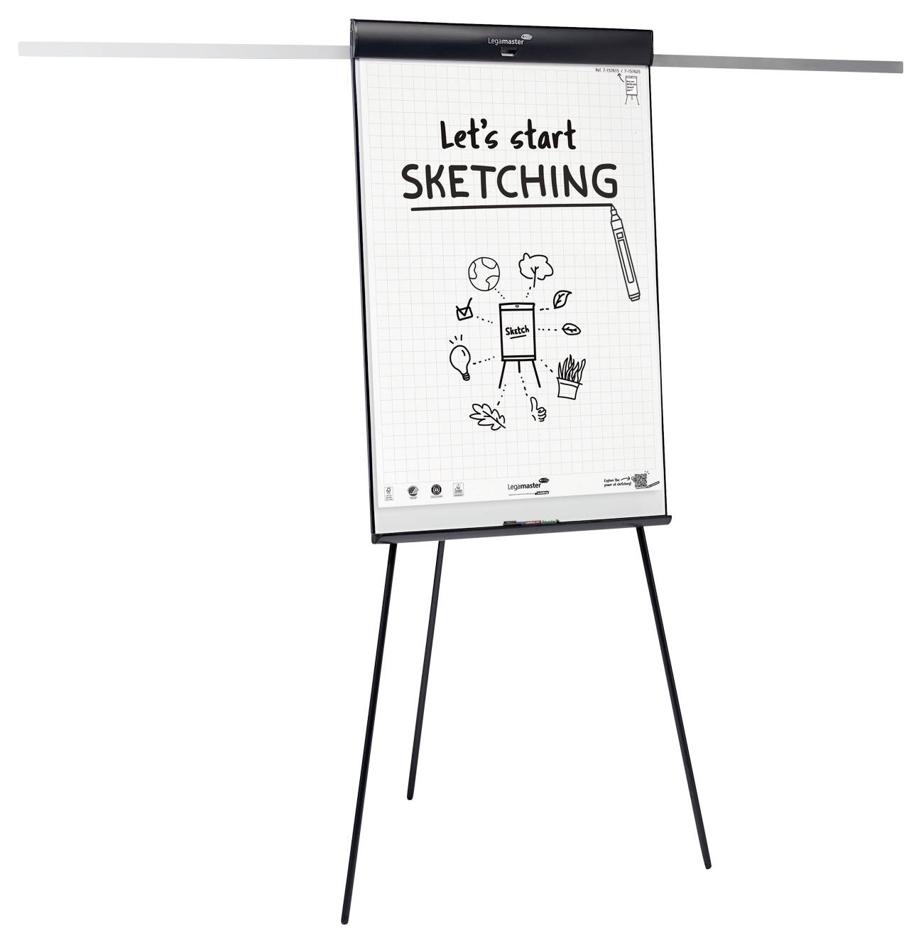Flipchart s názvem 'Začněme KRESLIT', který obsahuje kresbu žárovky, stromy a drobné náčrtky, což naznačuje kreativní týmové brainstormingové sezení.