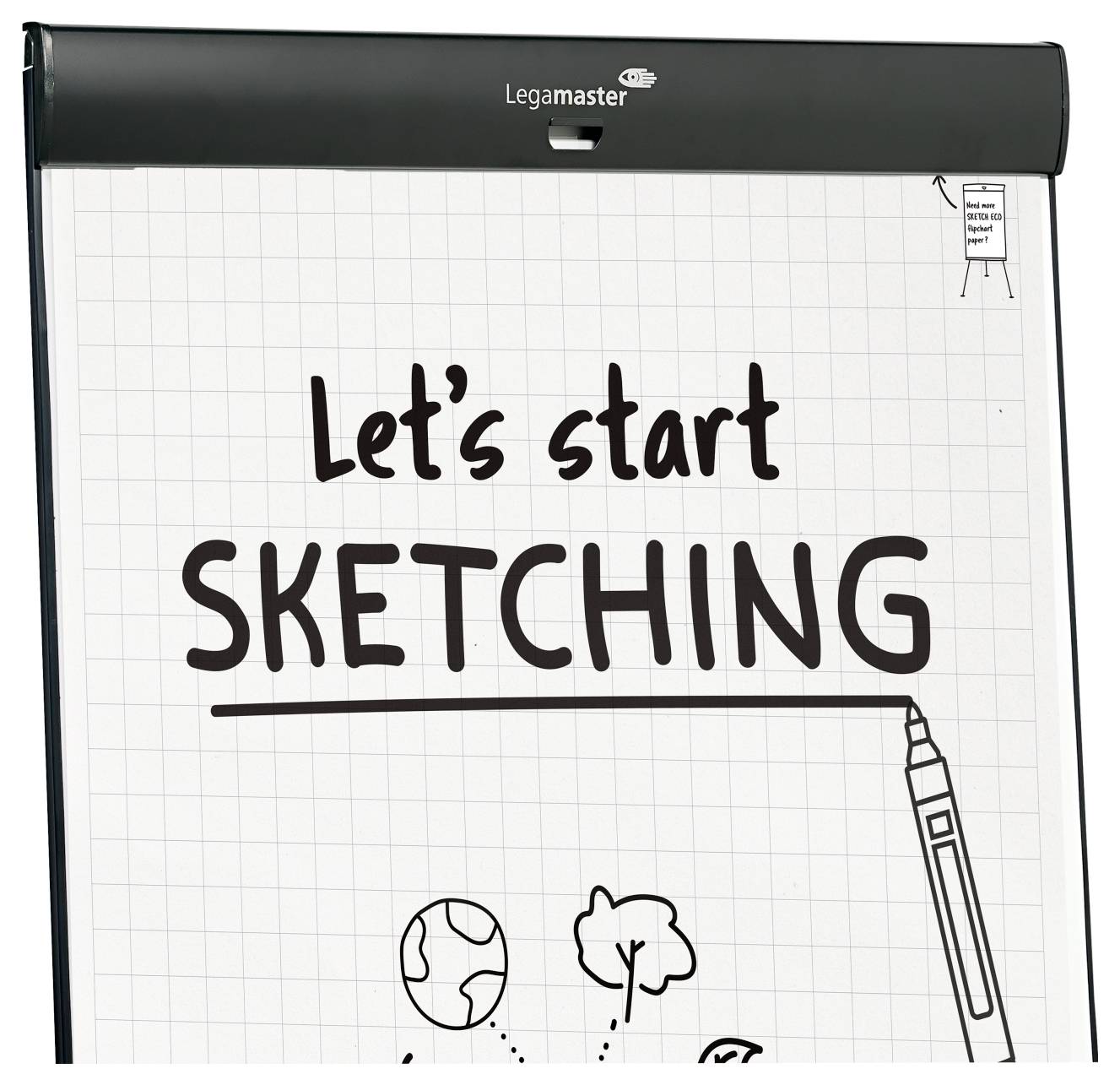 Obrázek ukazuje flipchart s textem 'Začněme skicovat' a jednoduchými kresbami, což naznačuje kreativitu a brainstorming.