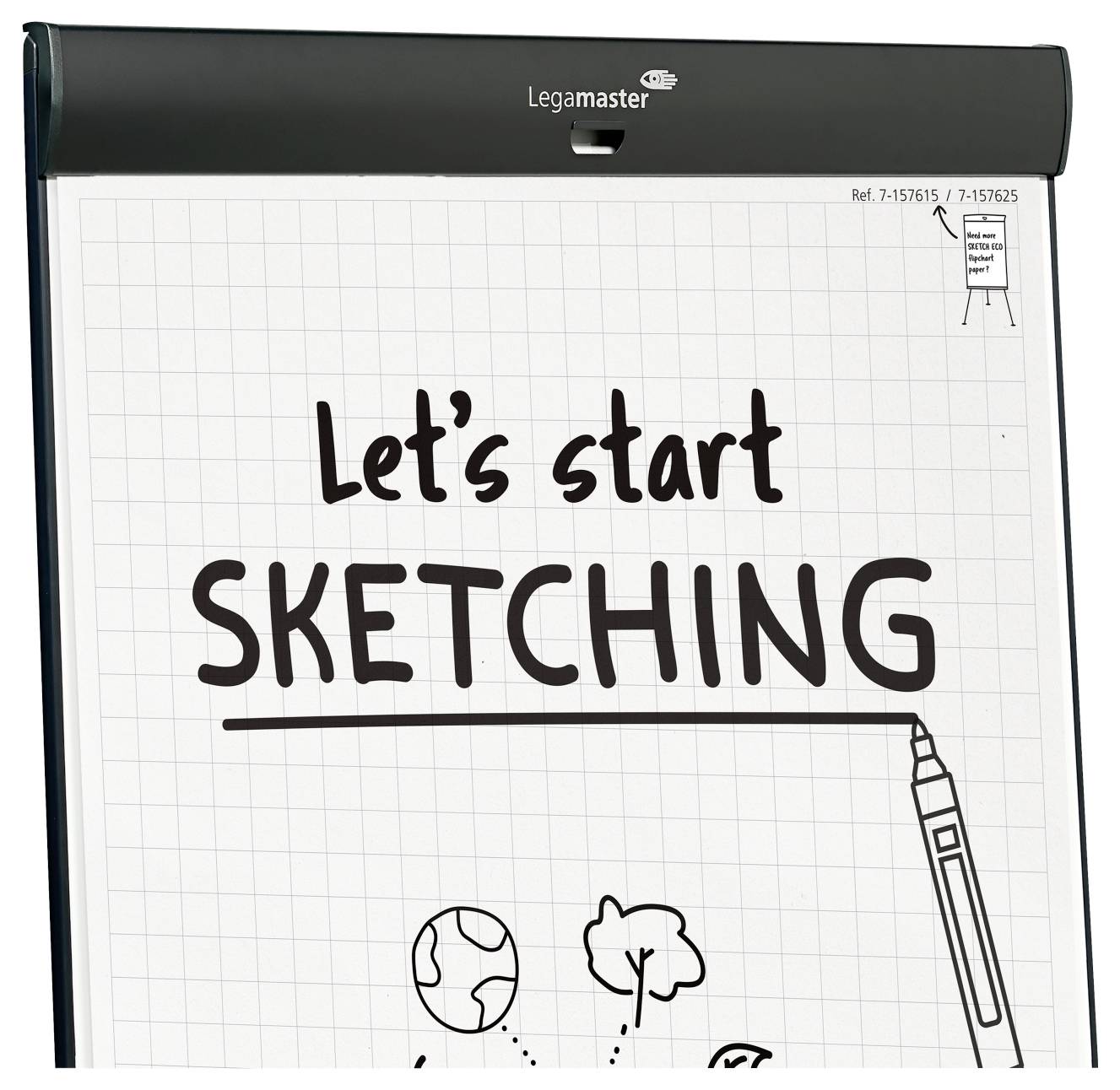 Flipchart s textem 'Začněme SKICOVAT' s doodles glóbu, mraku a ikony pera pod ním.