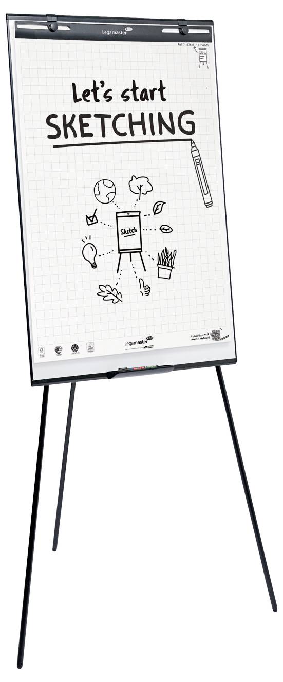 Stojan na flipchart s listem nazvaným 'Začněme SKICOVAT' s ilustrací tabletu obklopenou umělecky laděnými drobnými kresbami.