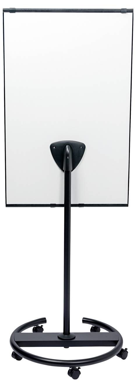 Mobilní whiteboard na stojanu s kolečky, vhodný pro prezentace nebo schůzky. Tabule je prázdná a umožňuje všestranné použití.