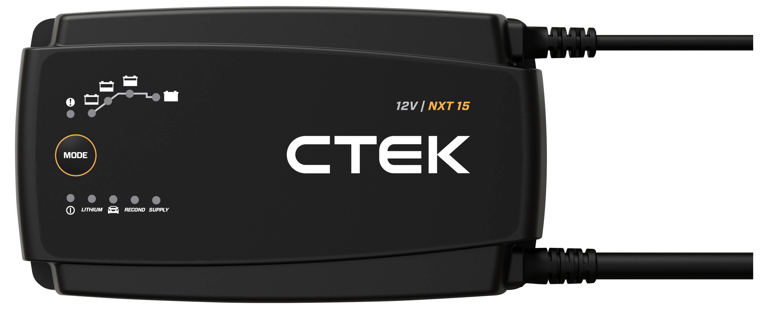 Nabíječ baterií označený "CTEK 12V NXT 15" s indikátory režimu a stavu. Používá se pro udržování a nabíjení 12V baterií.