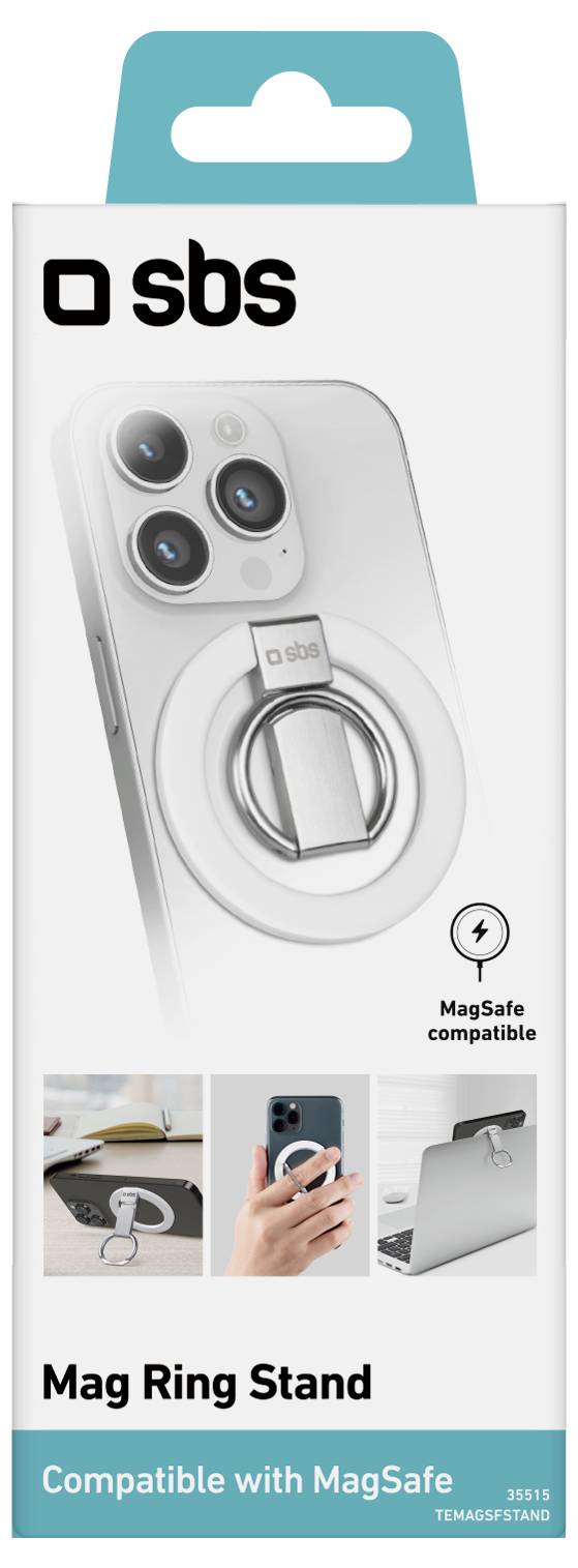 Obal příslušenství pro mobilní telefony 'Mag Ring Stand', zobrazující telefon s kovovým kroužkovým stojánkem. Hlavní rysy: 'kompatibilní s MagSafe', logo značky 'sbs'.