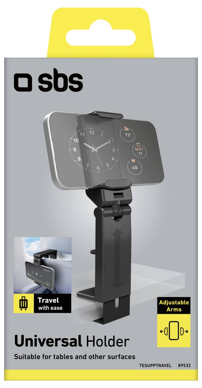 Univerzální držák pro tablety a povrchy, nastavitelné ramena, zobrazeno se připojeným chytrým telefonem. Krabice obsahuje obrázek držáku v provozu.
