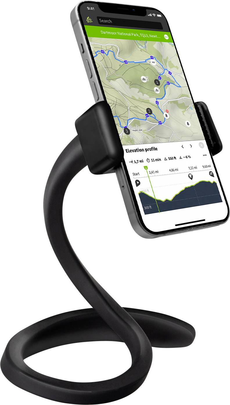 Chytrý telefon zobrazující mapu se stopou a profil nadmořské výšky je připojen na pružný, černý stojánek.
