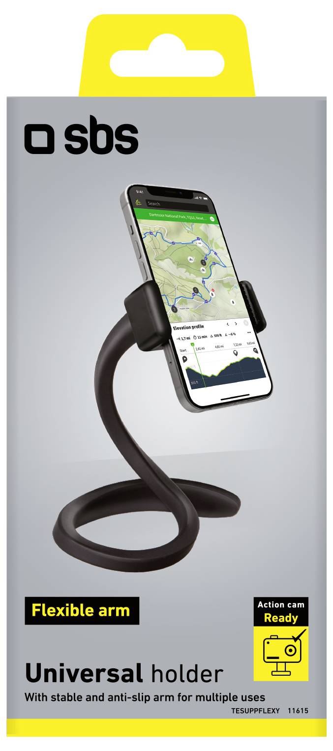 Univerzální držák s ohebným ramenem pro stabilní, protiskluzové použití. Balení ukazuje telefon v držáku s mapovou aplikací. Navrženo pro více způsobů použití.