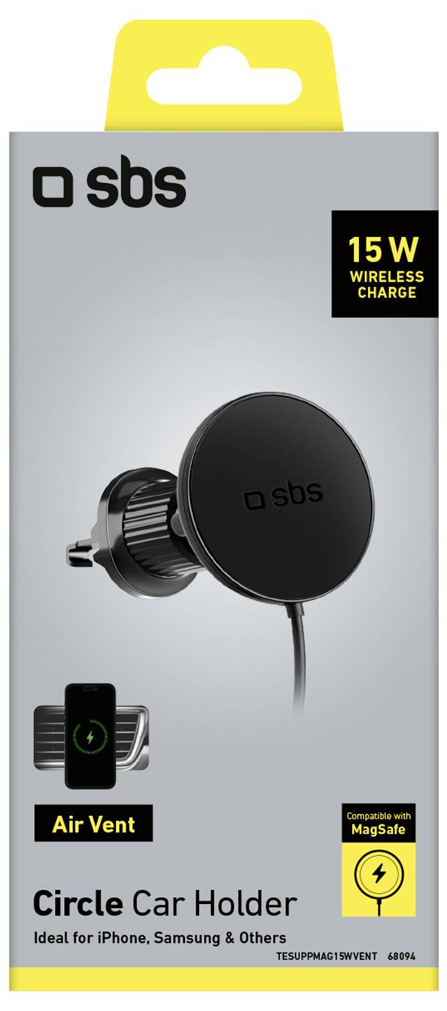 'SBS Circle Car Holder', černý bezdrátový nabíjecí držák do auta o výkonu 15W pro ventilační otvory, kompatibilní s iPhony, Samsungem a dalšími zařízeními.