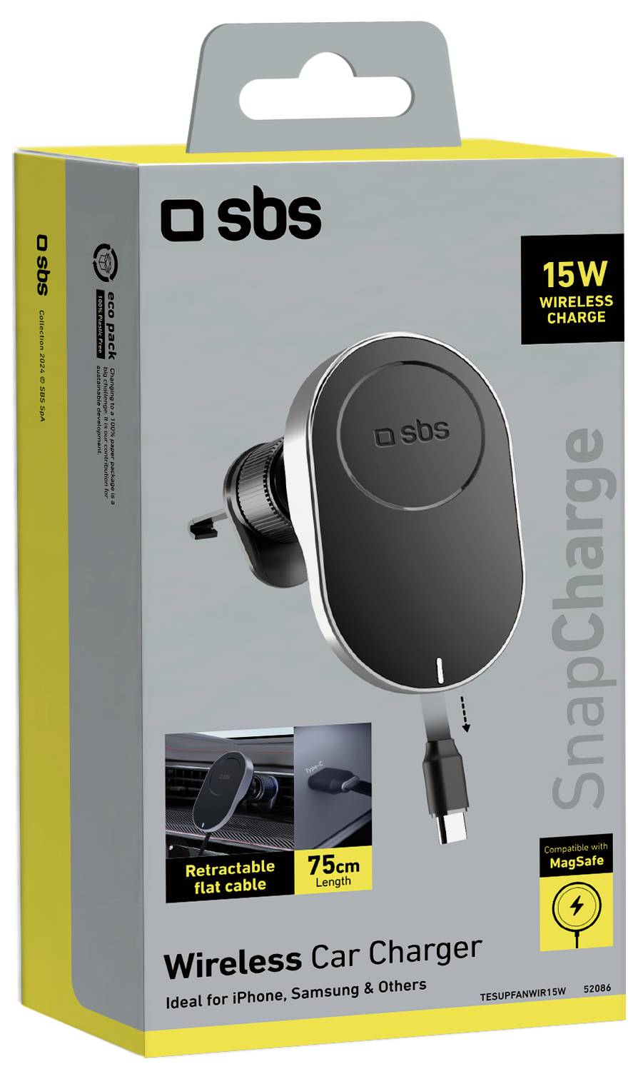 Bezdrátová autoadaptéra 15W od SBS pro iPhone, Samsung a další. Funkce zasouvacího plochého kabelu (75cm). Kompatibilní s MagSafe.