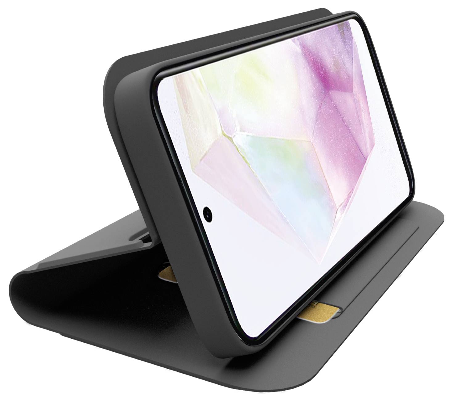 Smartphone v černém stojanu s barevným geometrickým vzorem na obrazovce, umístěný horizontálně pro prohlížení.