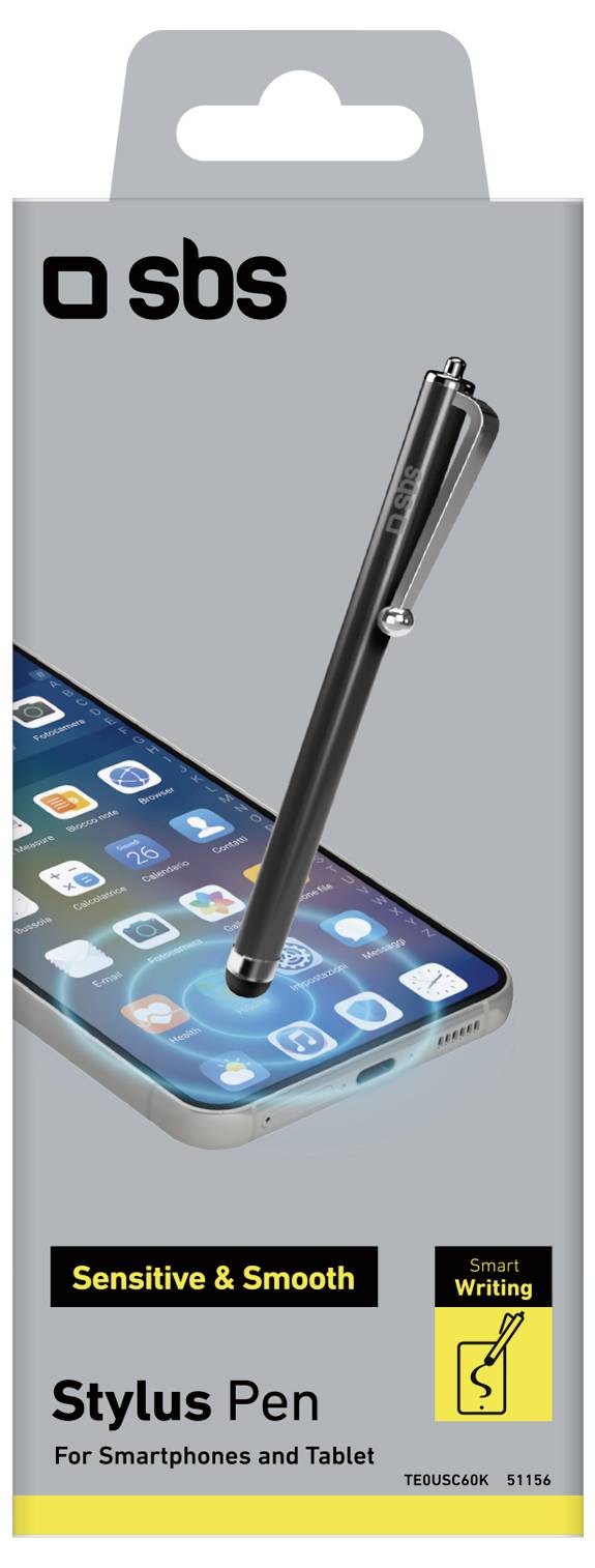 Balení pro 'SBS Stylus Pen' zobrazující pero vznášející se nad obrazovkou chytrého telefonu s ikonami aplikací. Funkce zahrnují 'Citlivé & hladké'.