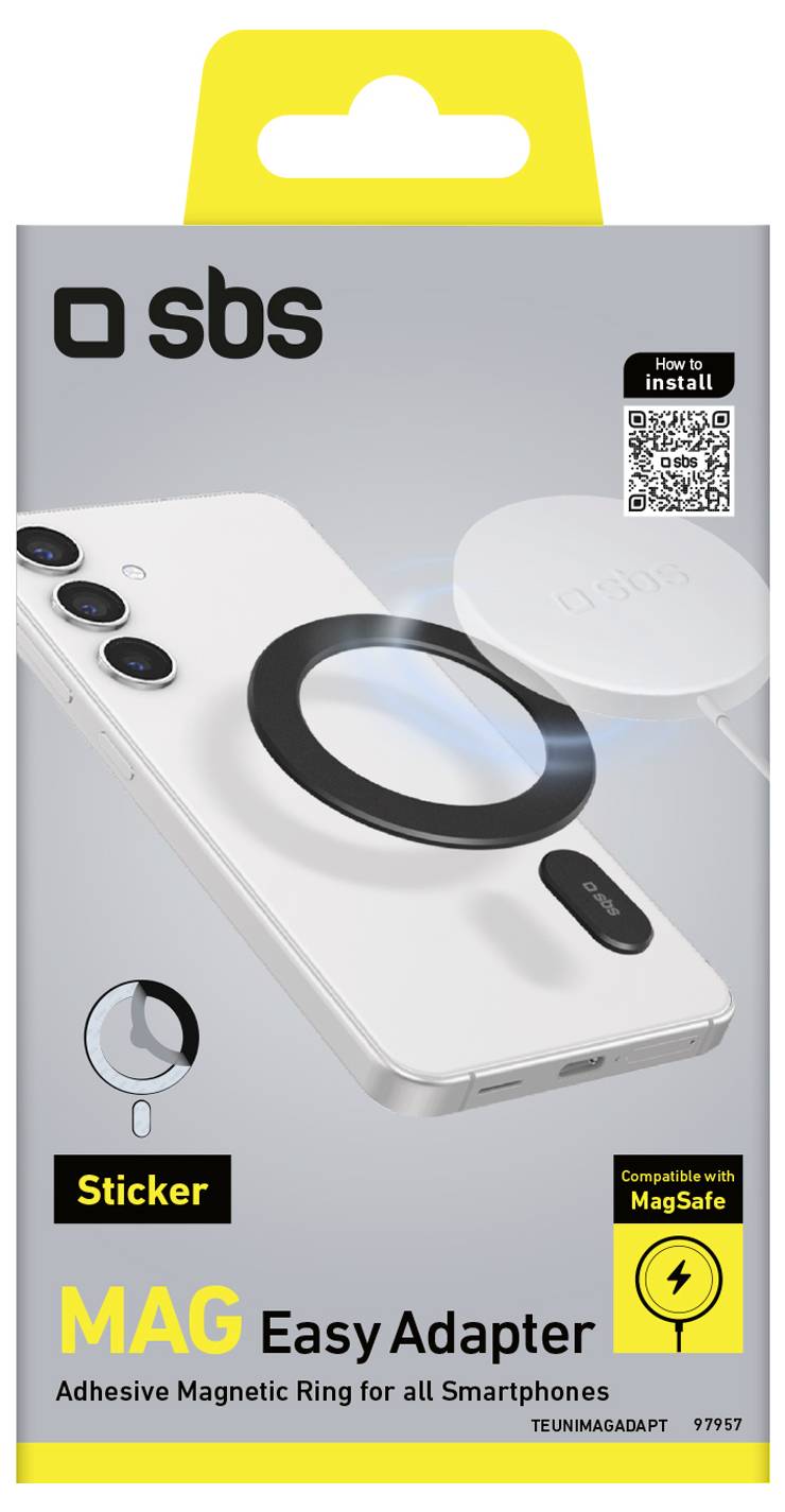 Balíček „SBS MAG Easy Adapter" zobrazující chytrý telefon s magnetickým kroužkem. Text zní: „Samolepící magnetický kroužek pro všechny chytré telefony, kompatibilní s MagSafe."