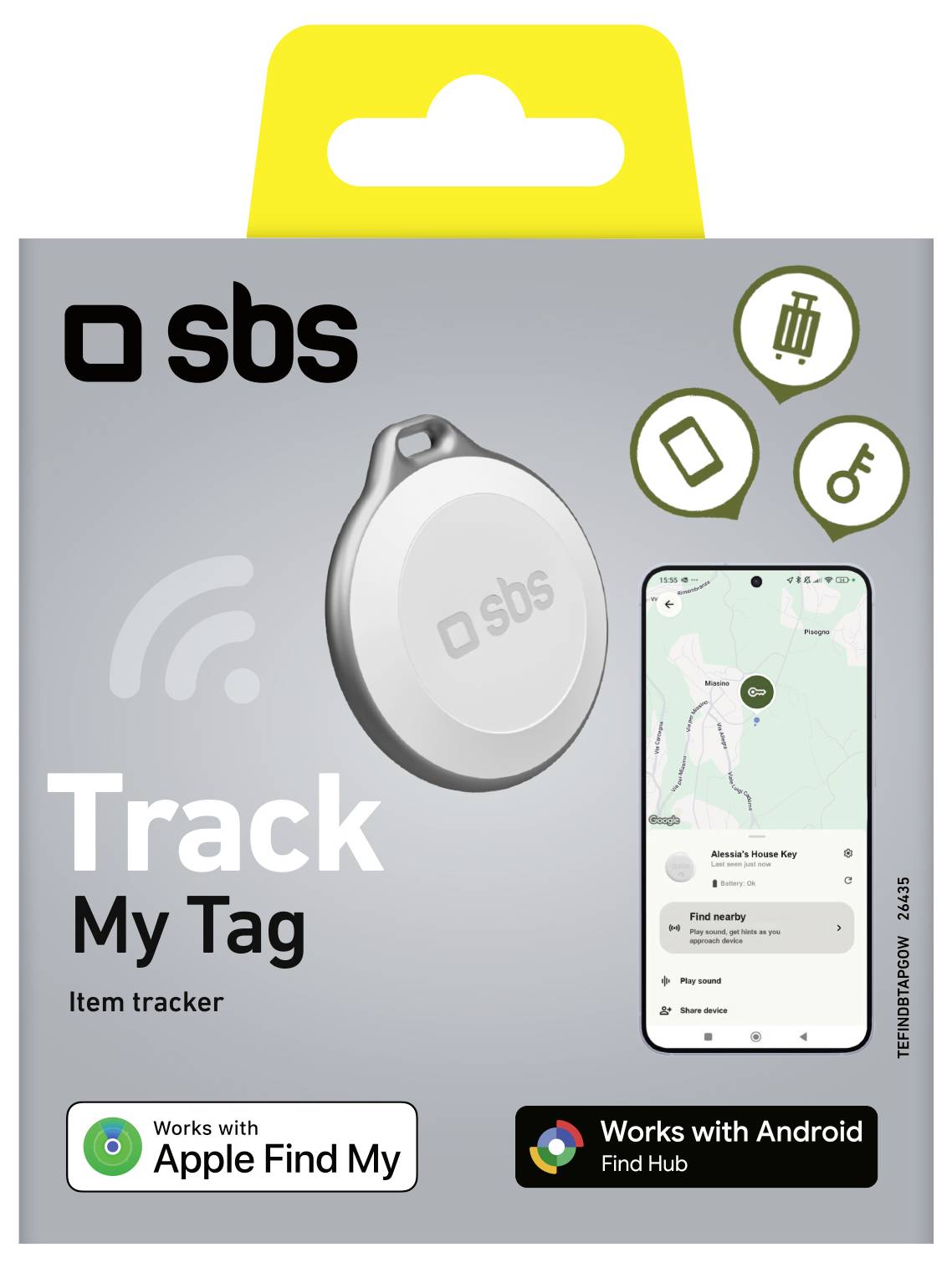 Balení trackeru 'Track My Tag' zobrazující značku a telefon s mapou s místem umístění. Kompatibilní s Apple Find My a Android Find Hub.