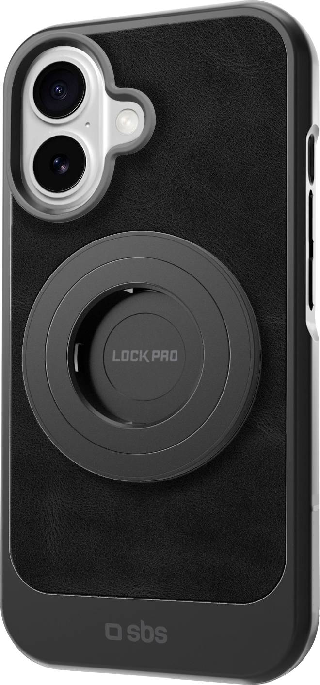 Smartphone s černým ochranným pouzdrem obsahujícím kruhový magnetický úchyt uprostřed, označený 'LOCK PRO', natočený tak, aby byla viditelná jeho zadní strana.