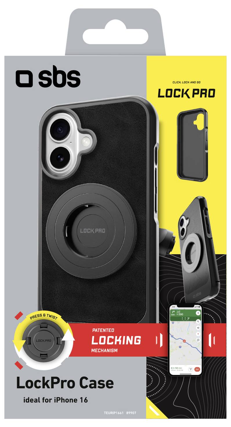 Balení „iPhone 16 LockPro Case" s černým pouzdrem na telefon se kulatým zámkovacím mechanismem, které zdůrazňuje kompatibilitu a patentovanou funkci.
