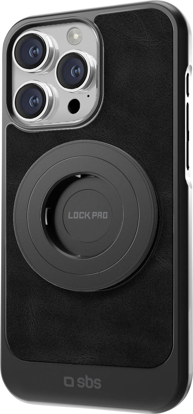 Smartphone s černým obalem a kruhovou značkou "Lock Pad" na zadní straně, která se používá pro připevnění nebo zajištění zařízení.