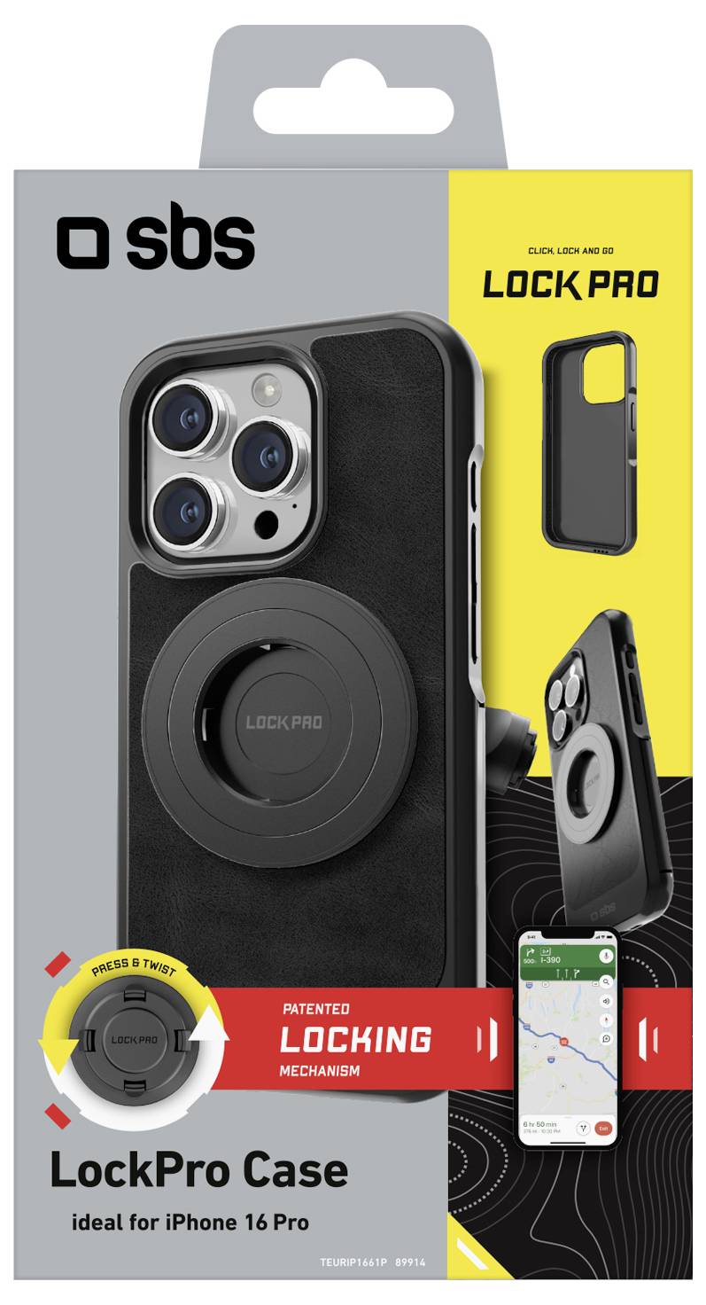 Pouzdro SBS LockPro s patentovaným zámechadlům. Nabízí kryt pro iPhone 16 Pro s demonstrací jeho zámkovací funkčnosti.