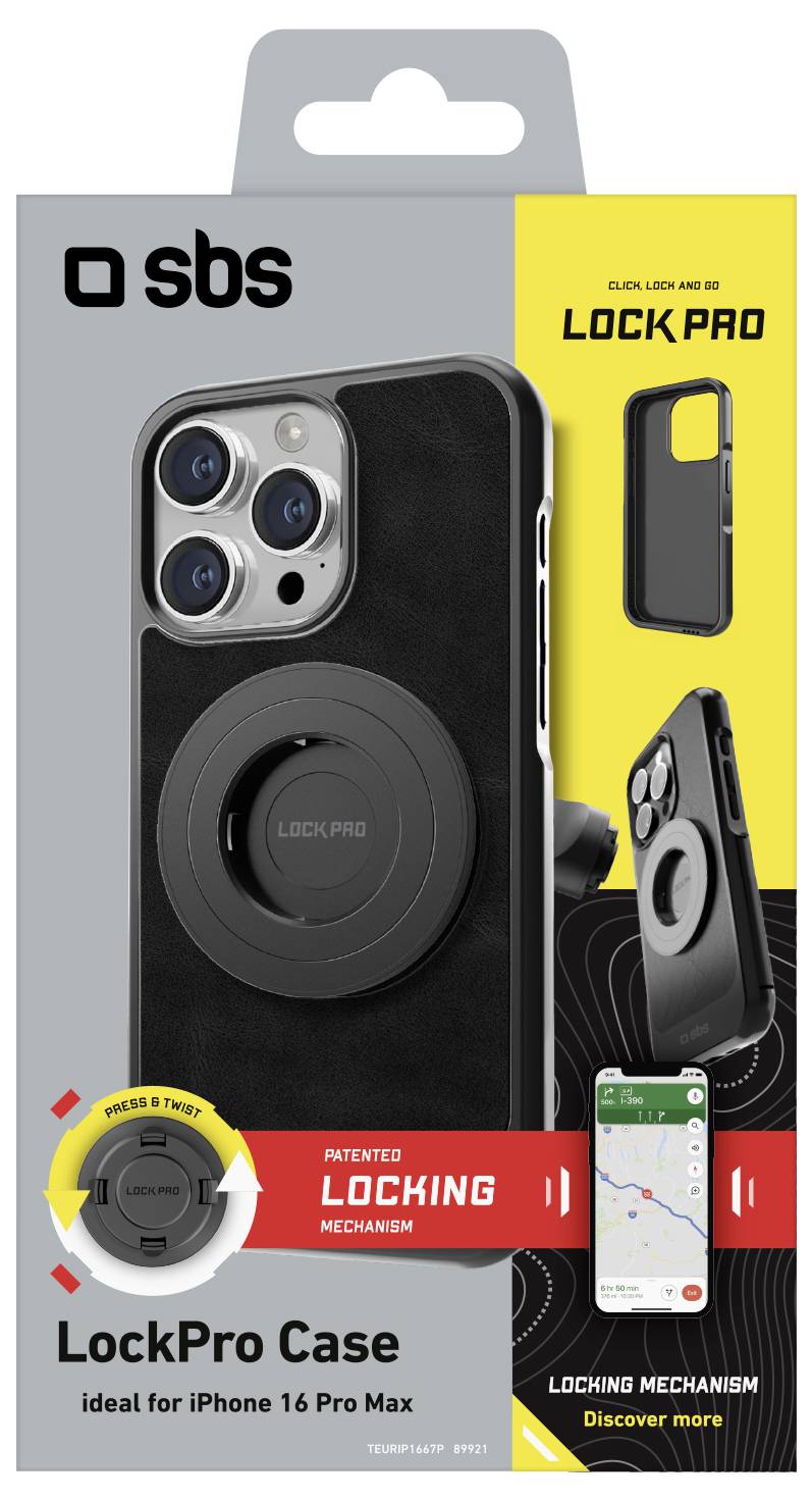 'Ochranný kryt iPhone 16 Pro Max LockPro od společnosti SBS; vyznačuje se patentovaným zamykacím mechanismem, zobrazen na telefonu s obalem zobrazujícím zámek a kryt.'