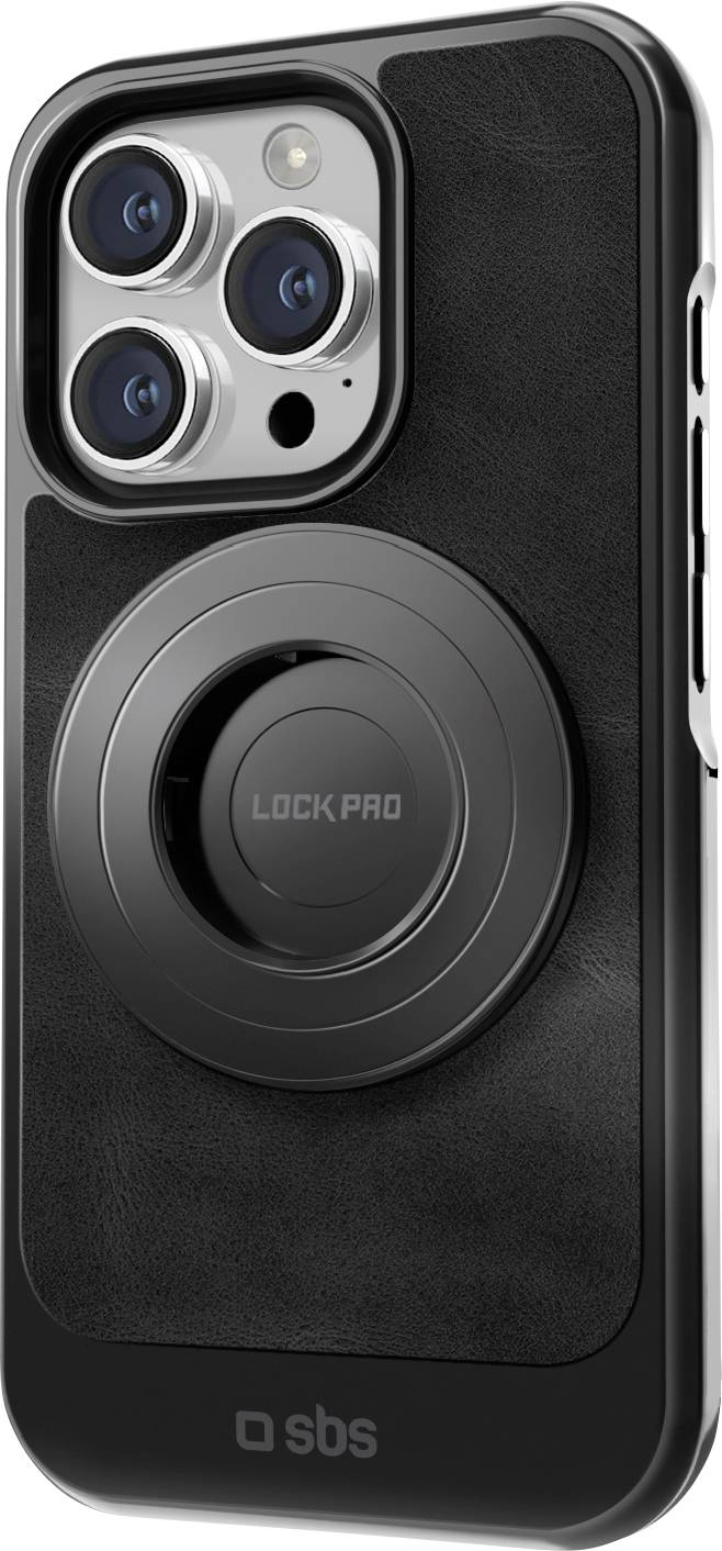 Smartphone s černým pouzdrem s magnetickým kroužkem na zadní straně označený jako "LOCK PRO", vylepšený pro ochranu a funkčnost.
