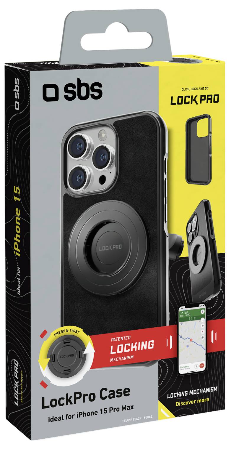 Balení pro SBS LockPro Case na iPhone 15 Pro Max s uzamykacím mechanismem. Ukazuje přední a boční pohled na pouzdro s telefonem.